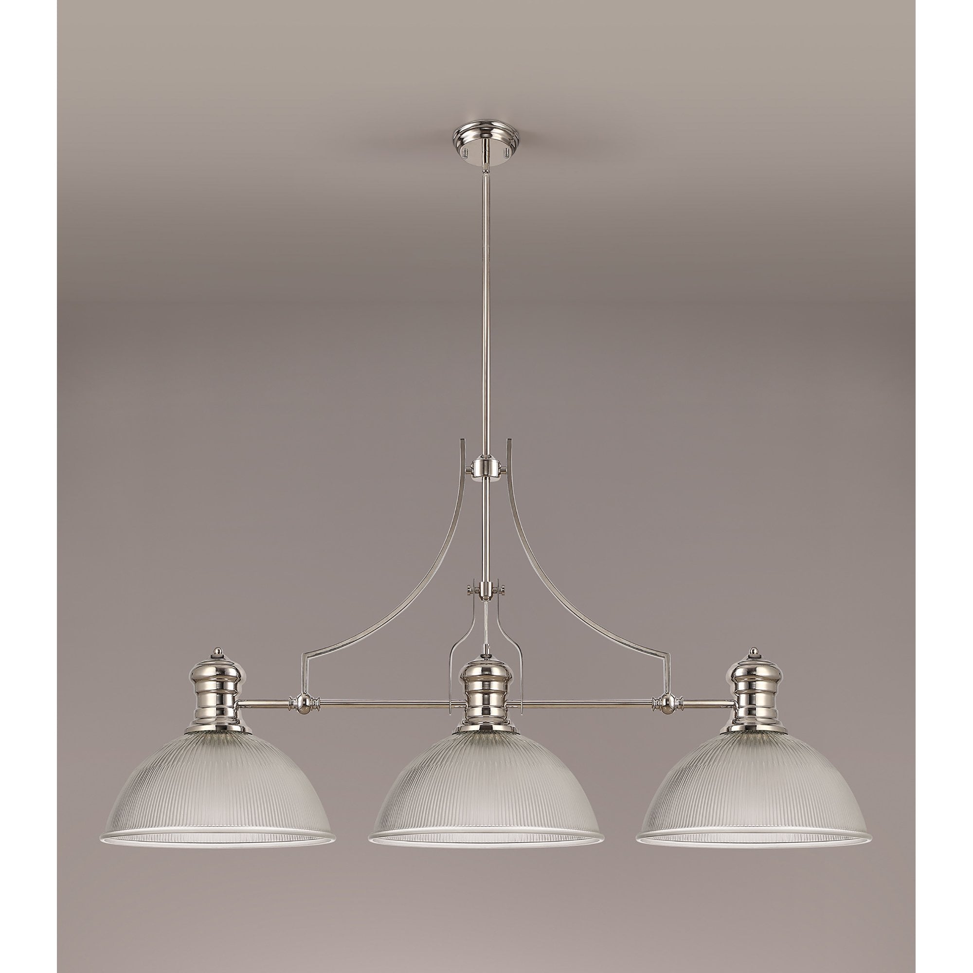 NLK03709 Louis 3 Light Telescopic Pendant With 38cm Dome Glass Shade Polished Nickel/Clear