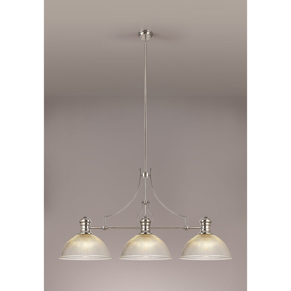 NLK03709 Louis 3 Light Telescopic Pendant With 38cm Dome Glass Shade Polished Nickel/Clear