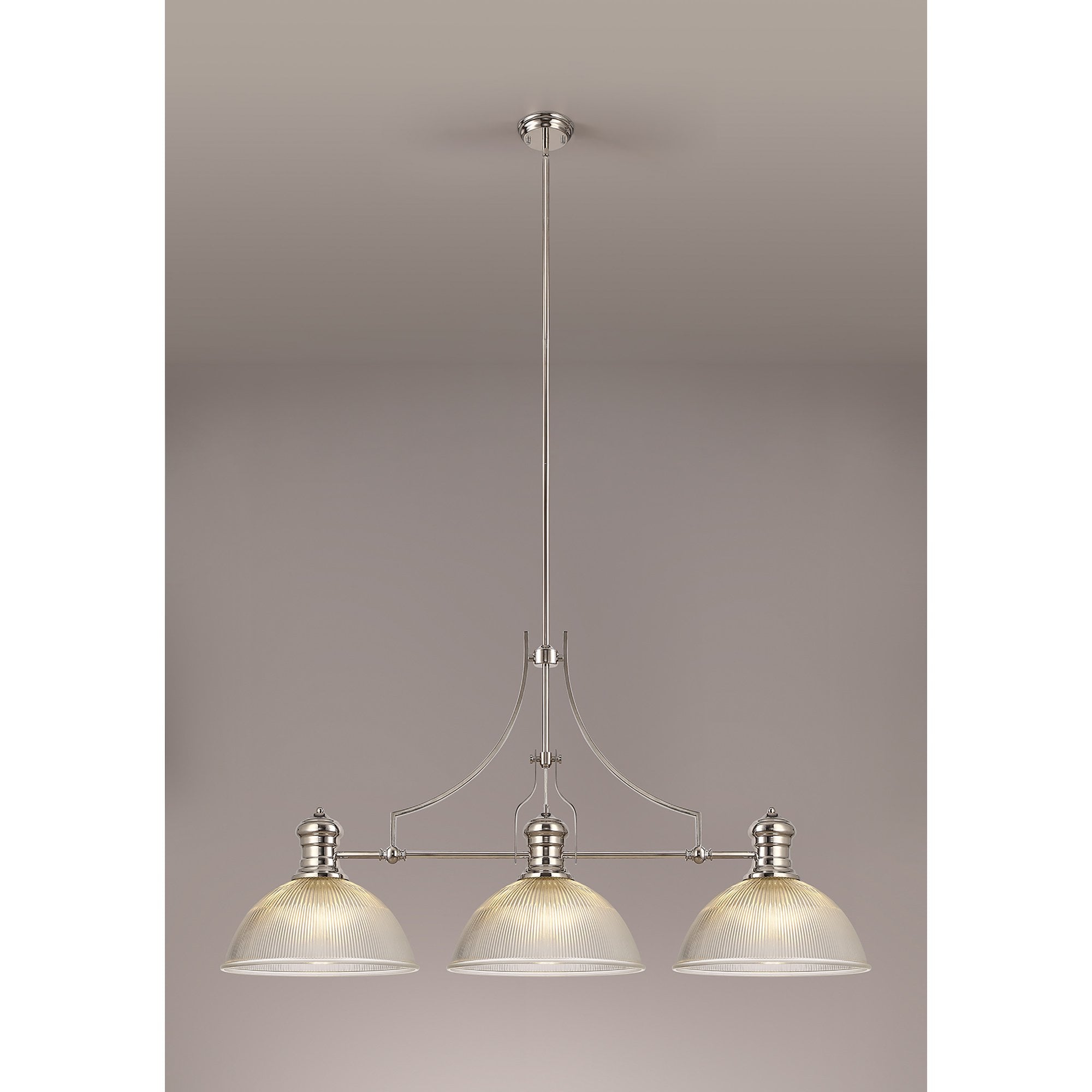 NLK03709 Louis 3 Light Telescopic Pendant With 38cm Dome Glass Shade Polished Nickel/Clear