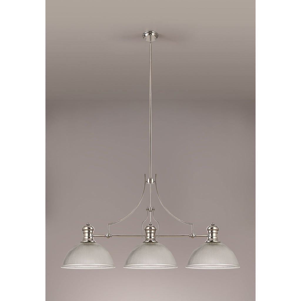NLK03709 Louis 3 Light Telescopic Pendant With 38cm Dome Glass Shade Polished Nickel/Clear
