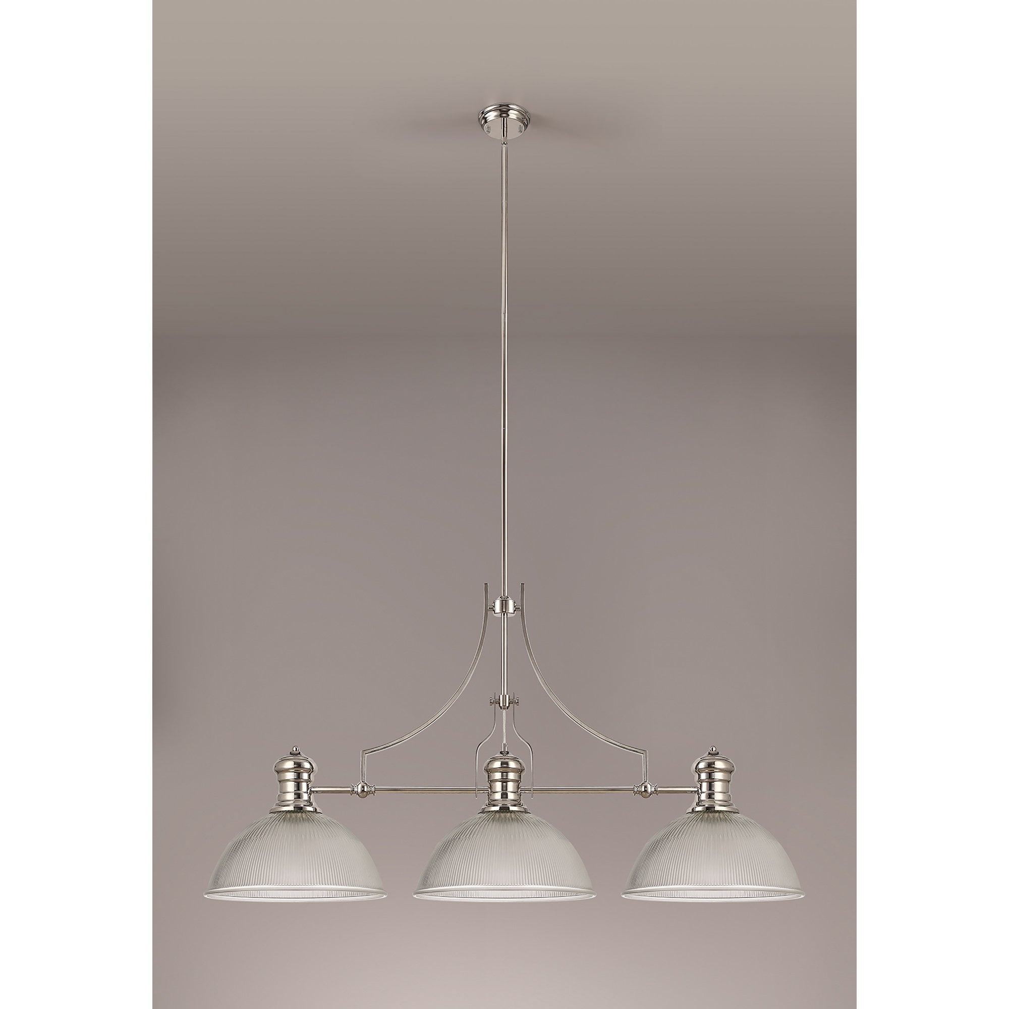 NLK03709 Louis 3 Light Telescopic Pendant With 38cm Dome Glass Shade Polished Nickel/Clear