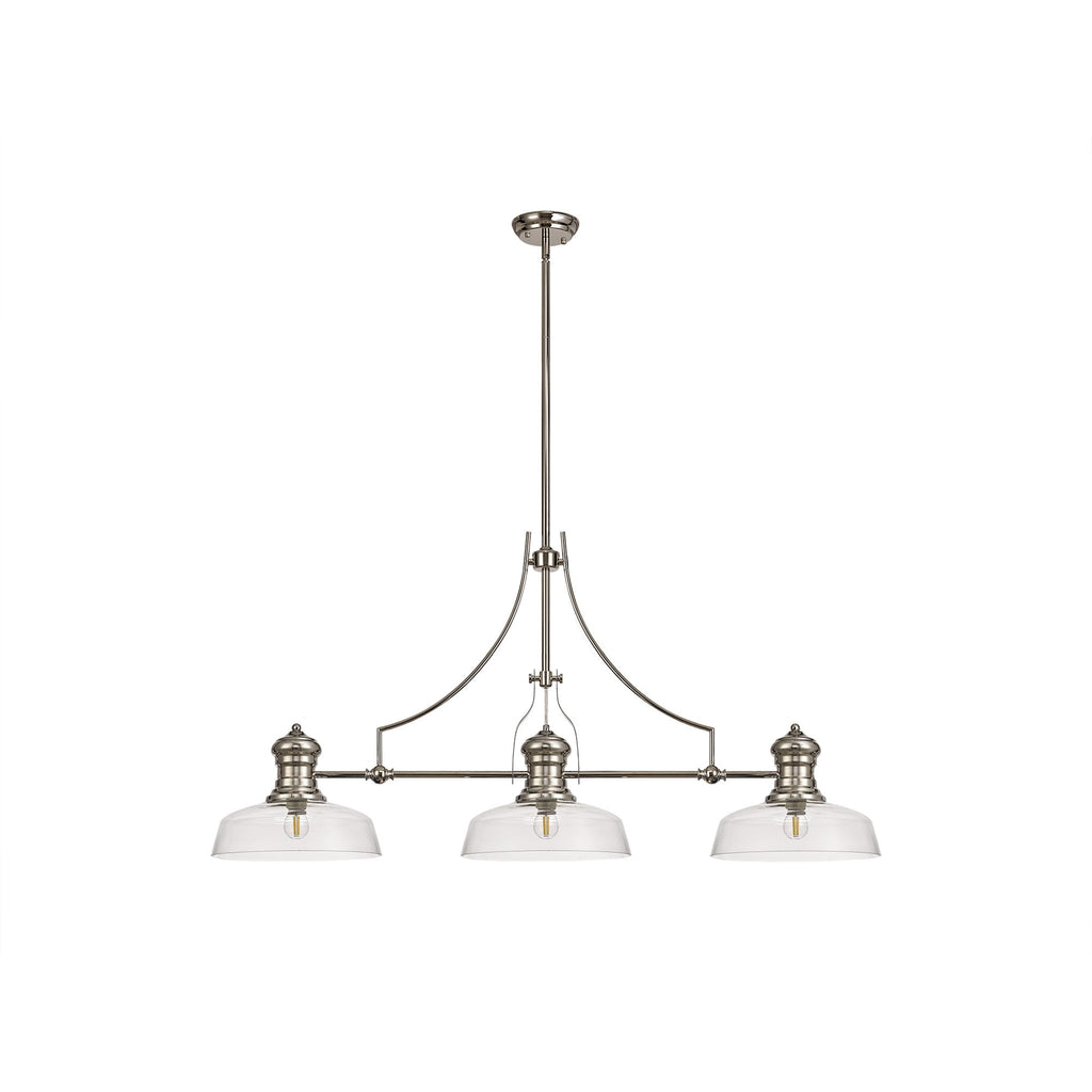 NLK03719 Louis 3 Light Telescopic Pendant With 30cm Flat Round Glass Shade Polished Nickel/Clear