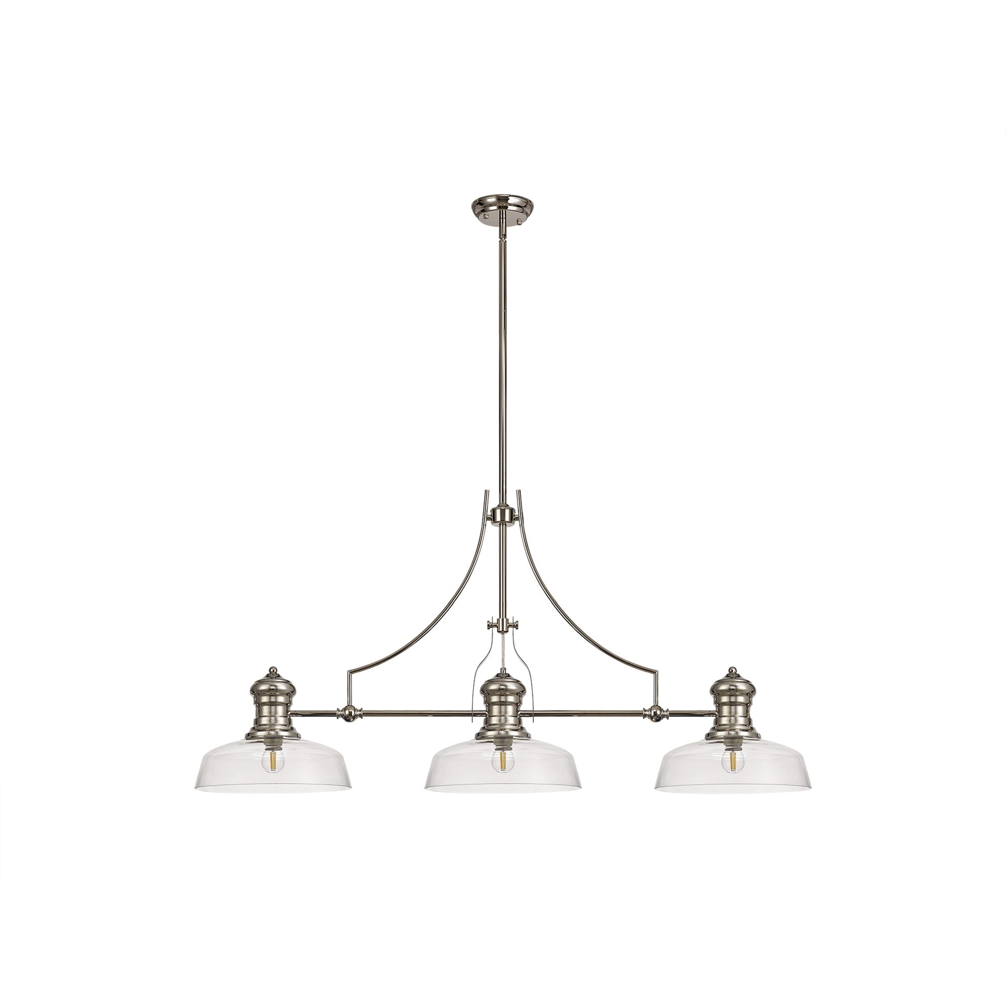 NLK03719 Louis 3 Light Telescopic Pendant With 30cm Flat Round Glass Shade Polished Nickel/Clear