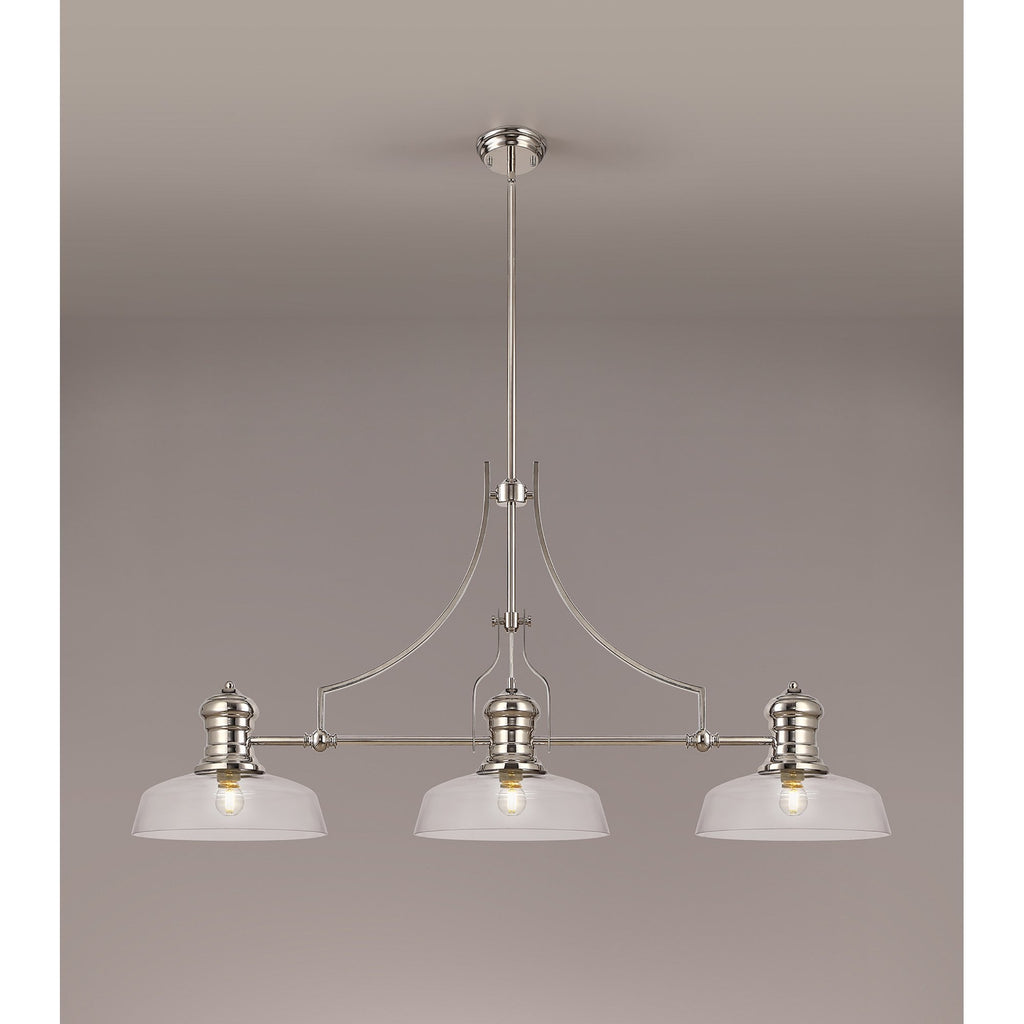NLK03719 Louis 3 Light Telescopic Pendant With 30cm Flat Round Glass Shade Polished Nickel/Clear