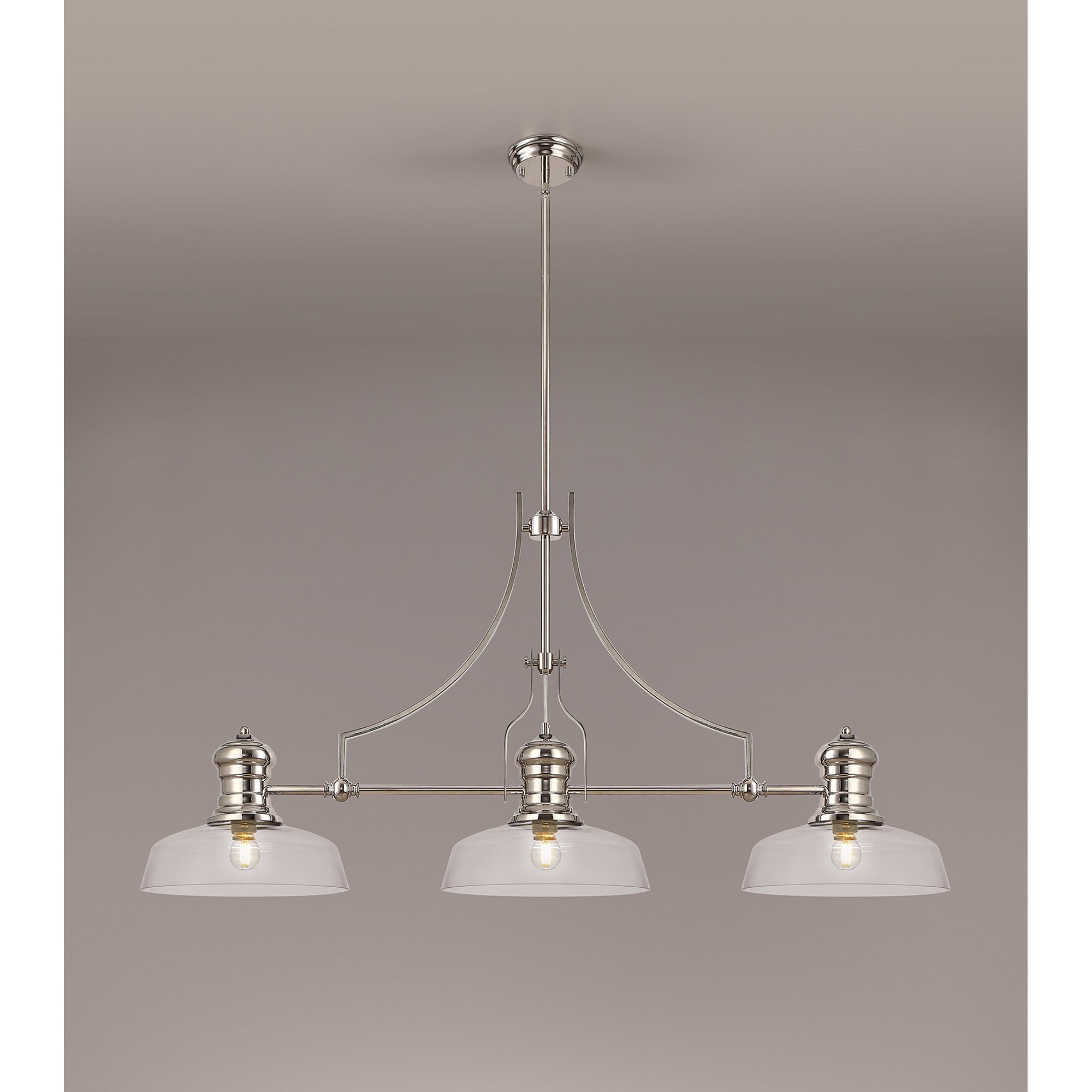 NLK03719 Louis 3 Light Telescopic Pendant With 30cm Flat Round Glass Shade Polished Nickel/Clear