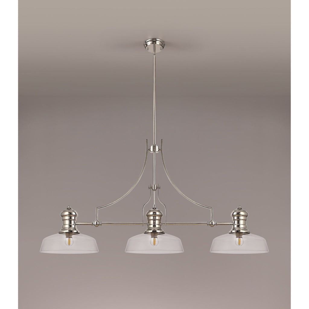 NLK03719 Louis 3 Light Telescopic Pendant With 30cm Flat Round Glass Shade Polished Nickel/Clear
