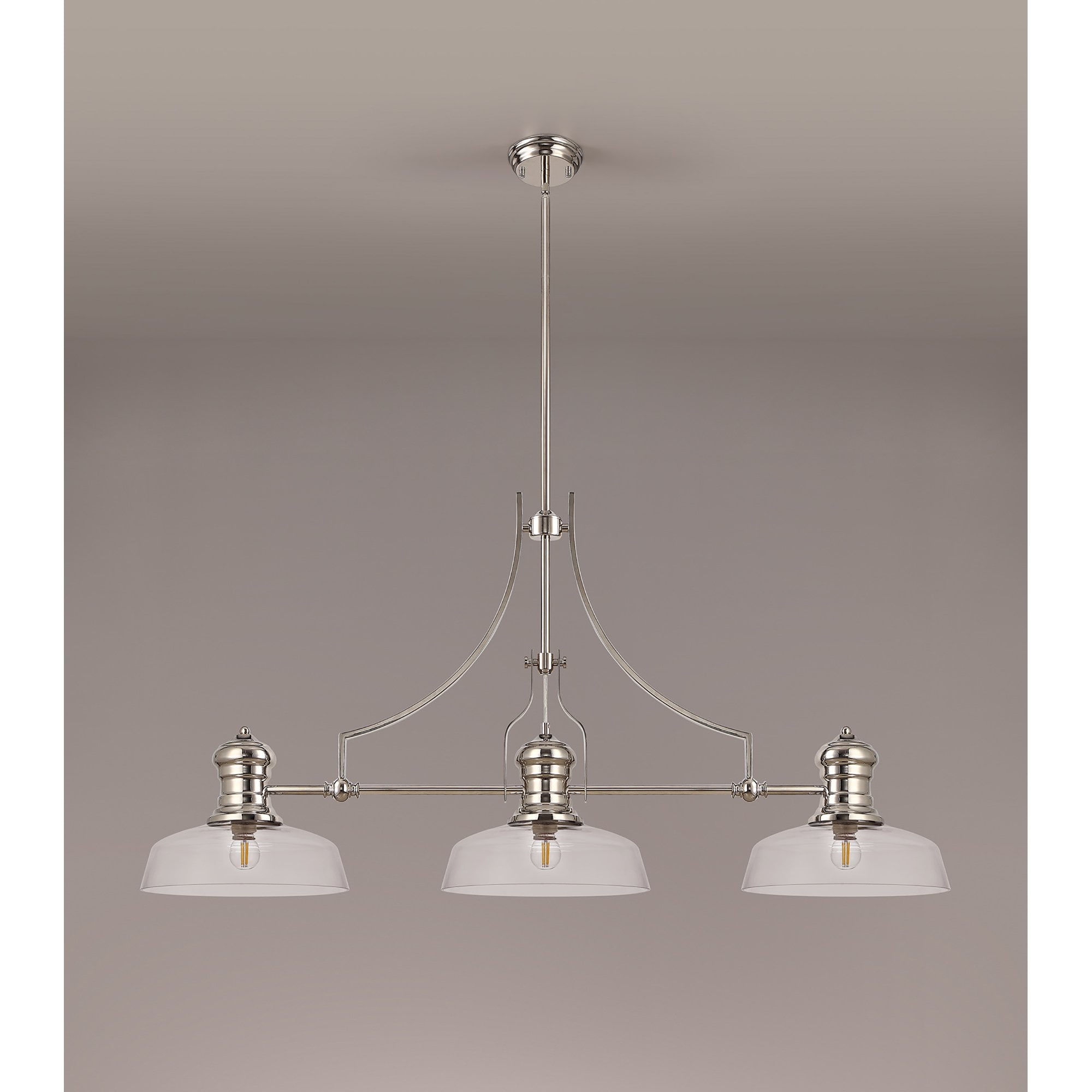 NLK03719 Louis 3 Light Telescopic Pendant With 30cm Flat Round Glass Shade Polished Nickel/Clear