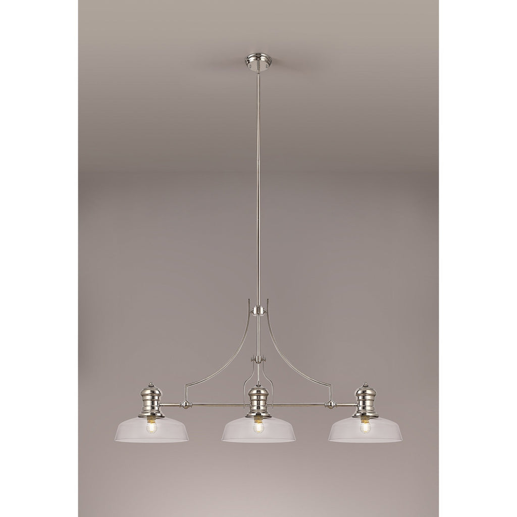 NLK03719 Louis 3 Light Telescopic Pendant With 30cm Flat Round Glass Shade Polished Nickel/Clear