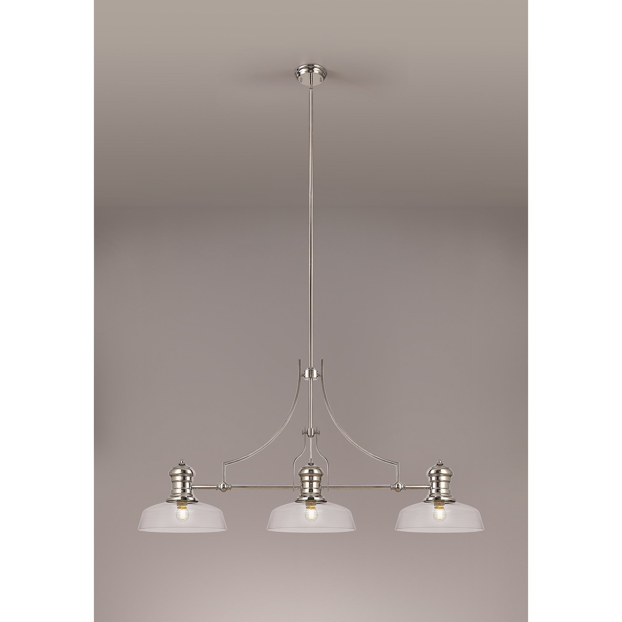 NLK03719 Louis 3 Light Telescopic Pendant With 30cm Flat Round Glass Shade Polished Nickel/Clear
