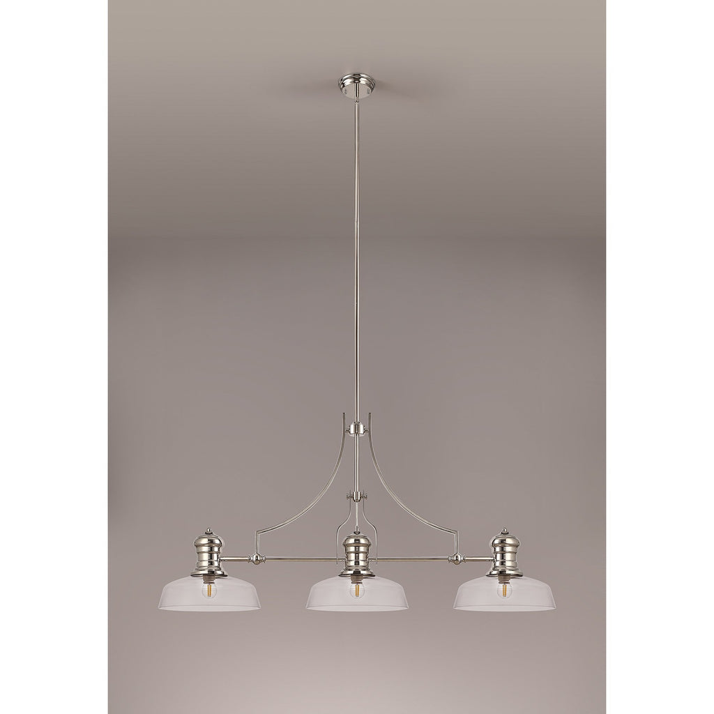 NLK03719 Louis 3 Light Telescopic Pendant With 30cm Flat Round Glass Shade Polished Nickel/Clear