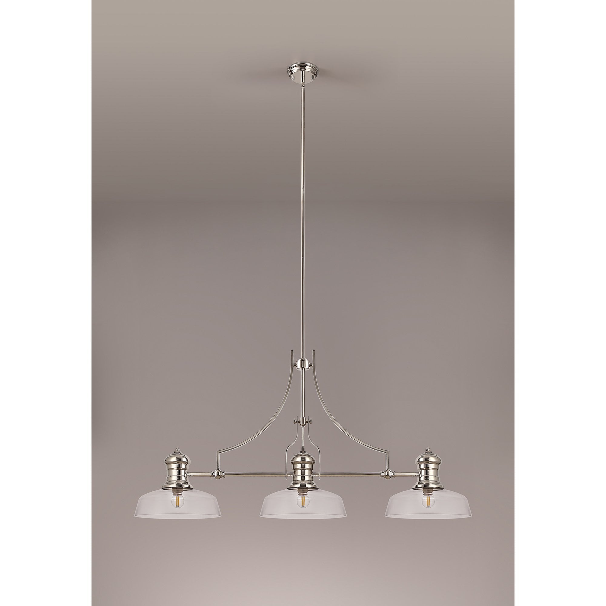NLK03719 Louis 3 Light Telescopic Pendant With 30cm Flat Round Glass Shade Polished Nickel/Clear