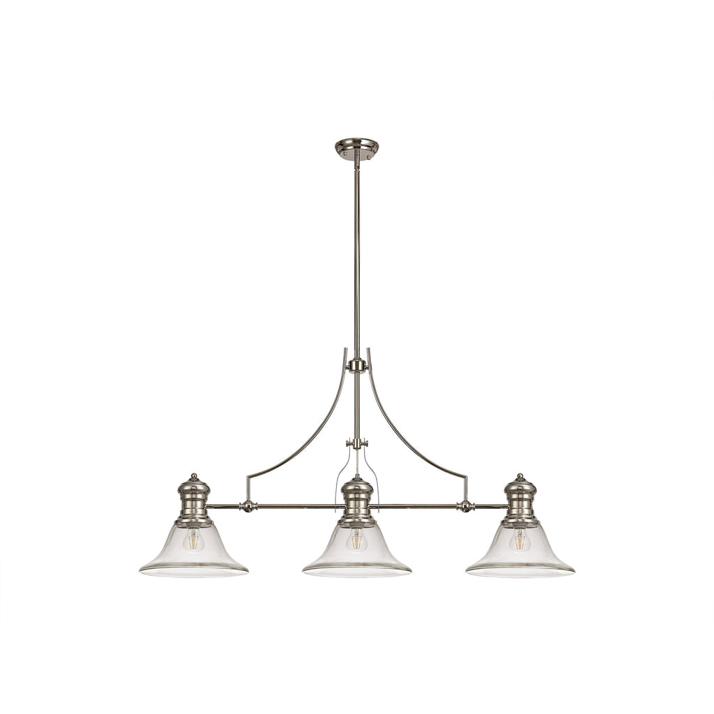 NLK03729 Louis 3 Light Telescopic Pendant With 30cm Smooth Bell Glass Shade Polished Nickel/Clear