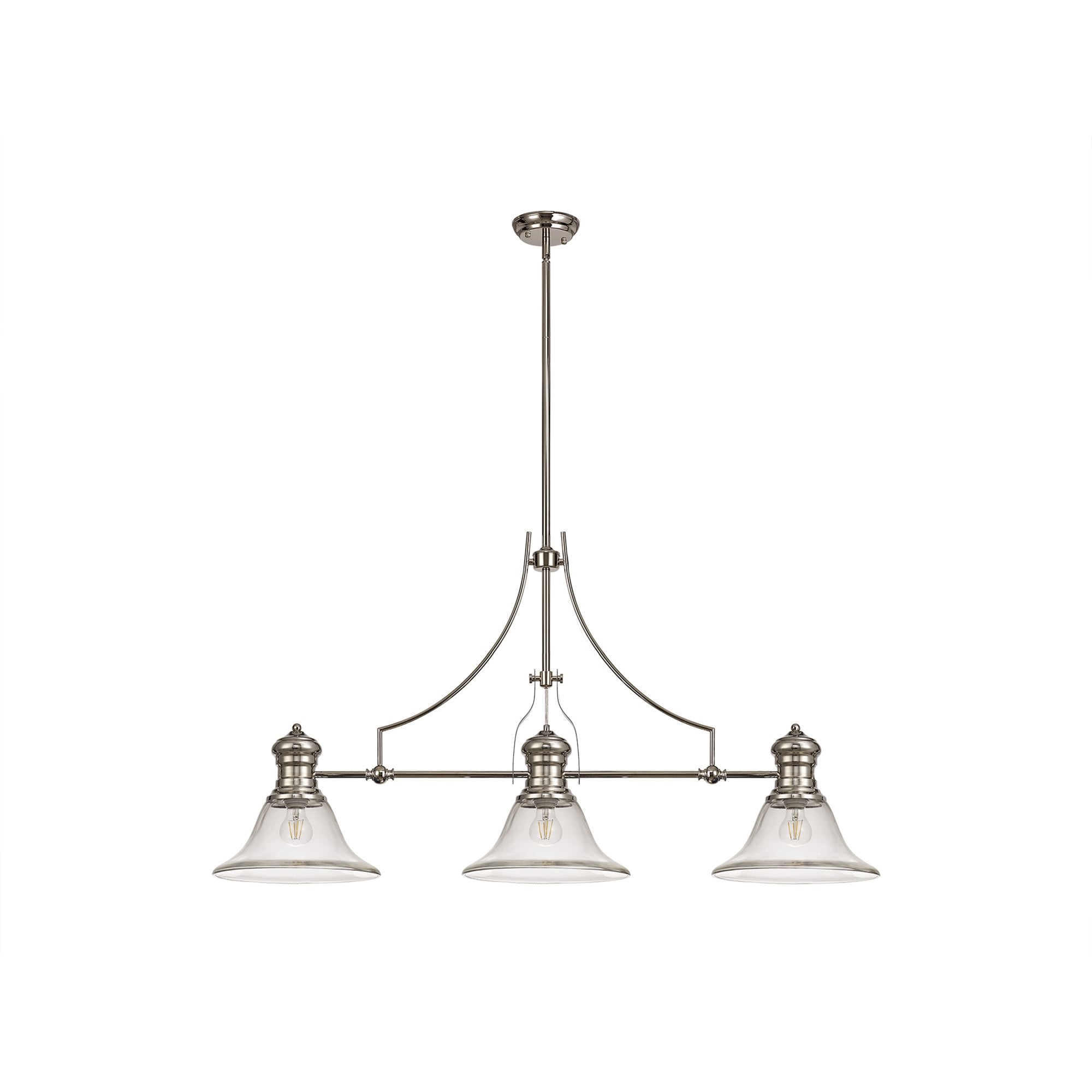 NLK03729 Louis 3 Light Telescopic Pendant With 30cm Smooth Bell Glass Shade Polished Nickel/Clear