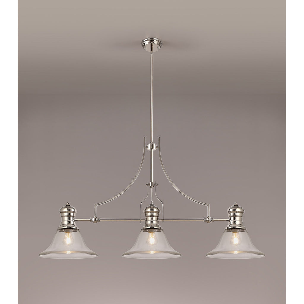 NLK03729 Louis 3 Light Telescopic Pendant With 30cm Smooth Bell Glass Shade Polished Nickel/Clear
