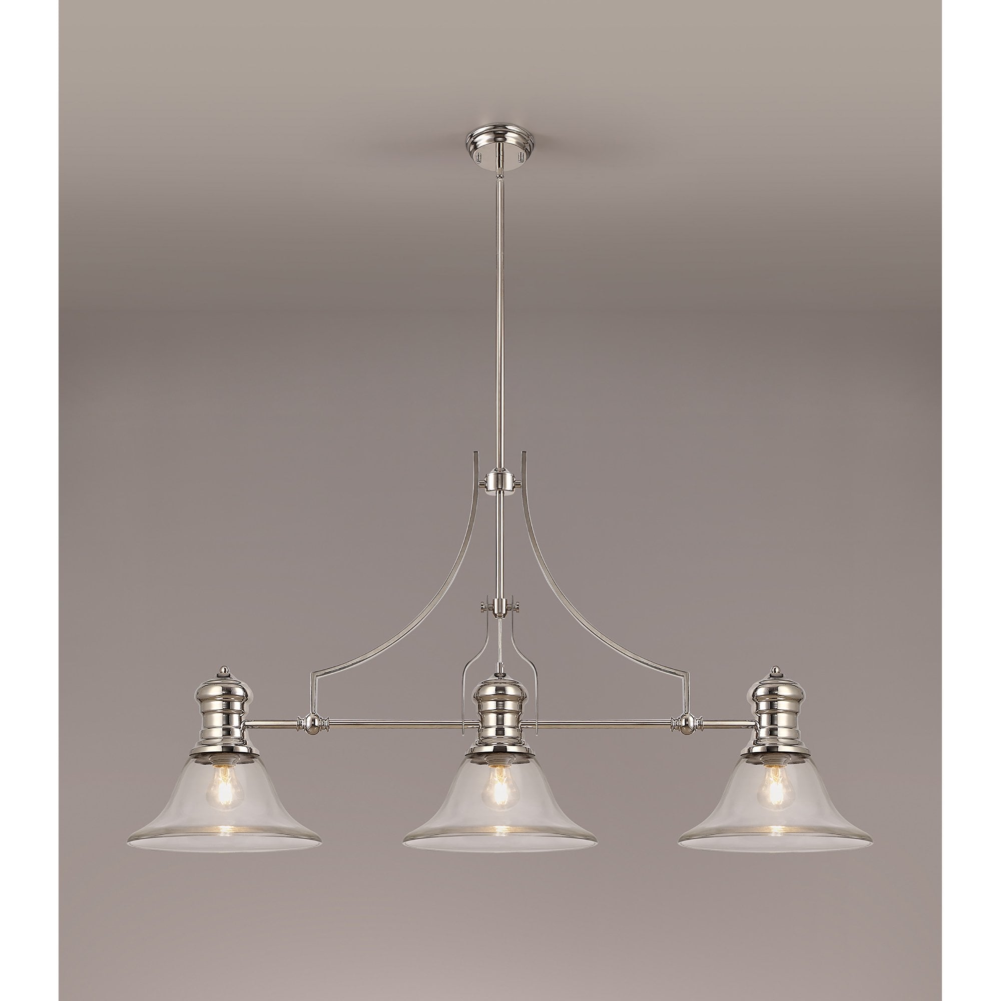NLK03729 Louis 3 Light Telescopic Pendant With 30cm Smooth Bell Glass Shade Polished Nickel/Clear