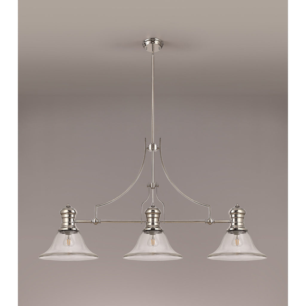 NLK03729 Louis 3 Light Telescopic Pendant With 30cm Smooth Bell Glass Shade Polished Nickel/Clear