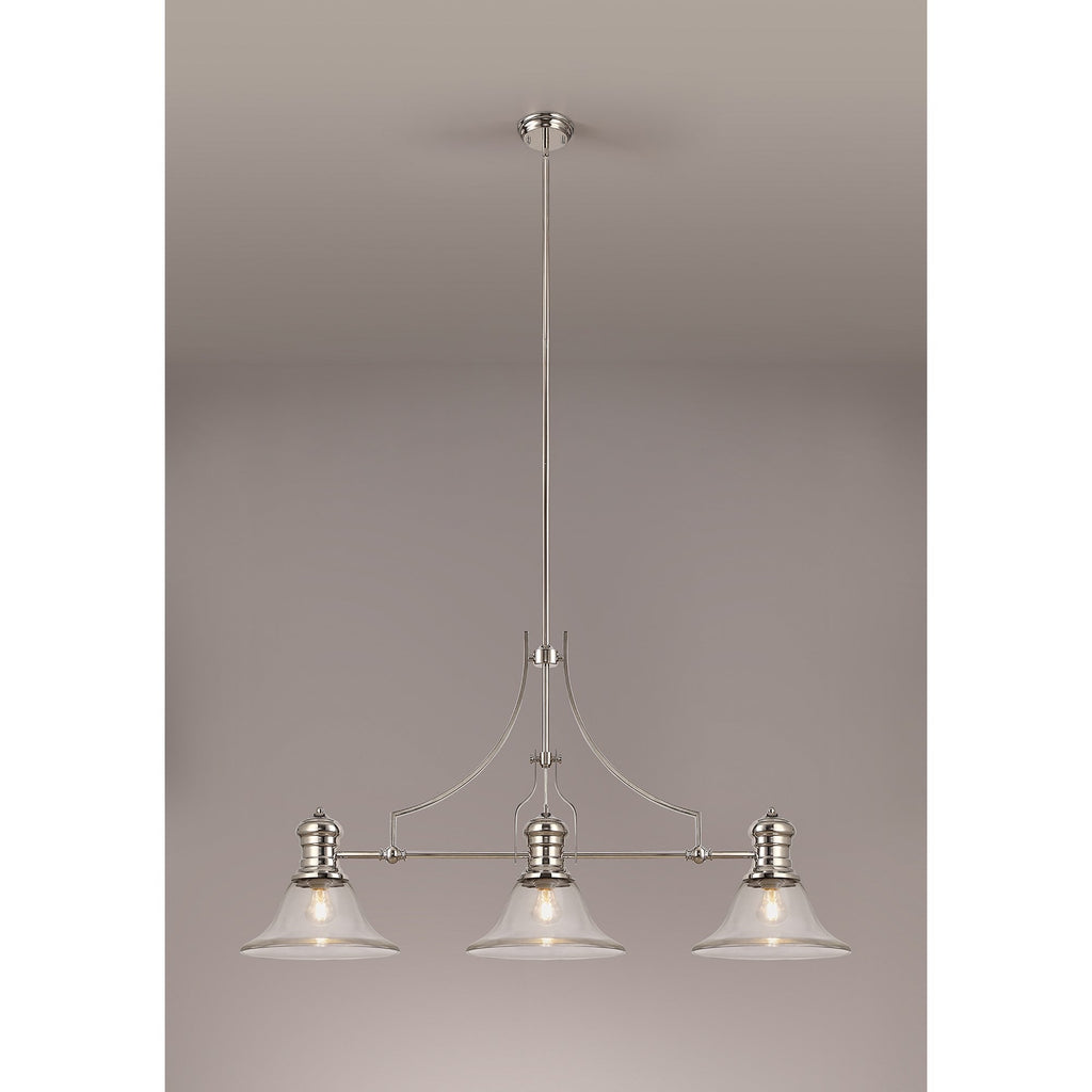 NLK03729 Louis 3 Light Telescopic Pendant With 30cm Smooth Bell Glass Shade Polished Nickel/Clear