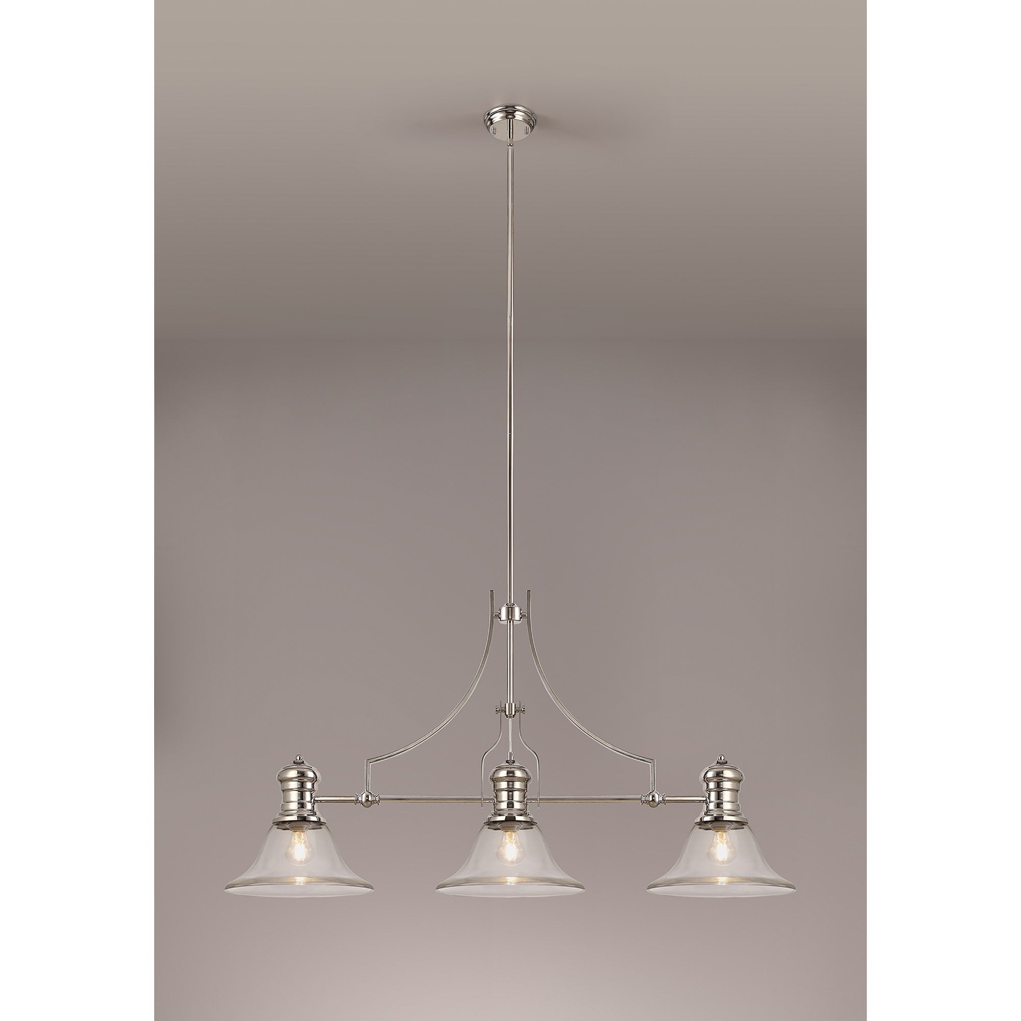 NLK03729 Louis 3 Light Telescopic Pendant With 30cm Smooth Bell Glass Shade Polished Nickel/Clear