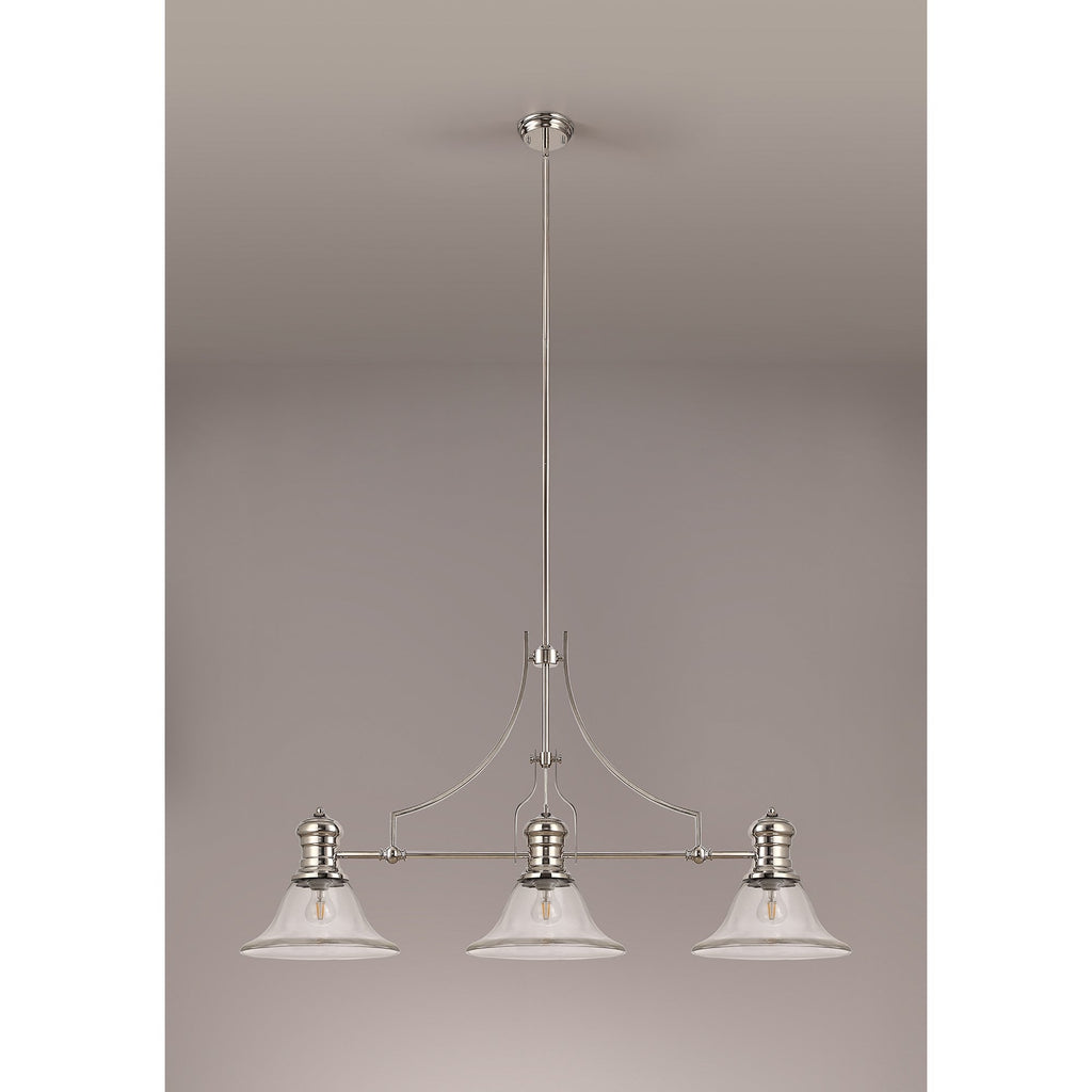NLK03729 Louis 3 Light Telescopic Pendant With 30cm Smooth Bell Glass Shade Polished Nickel/Clear