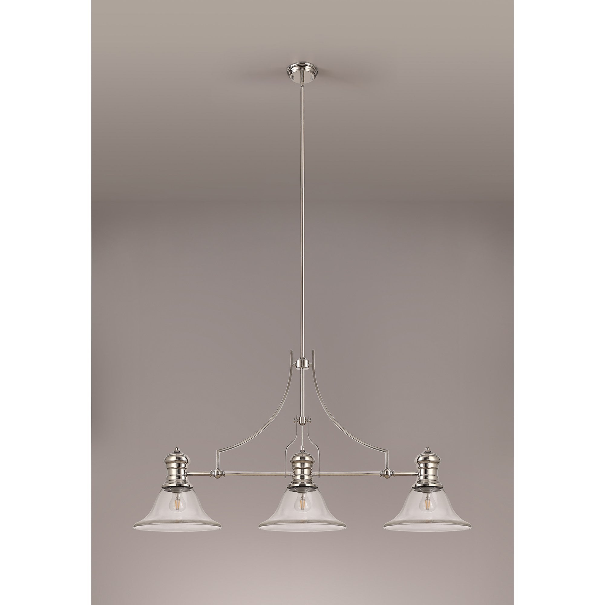 NLK03729 Louis 3 Light Telescopic Pendant With 30cm Smooth Bell Glass Shade Polished Nickel/Clear