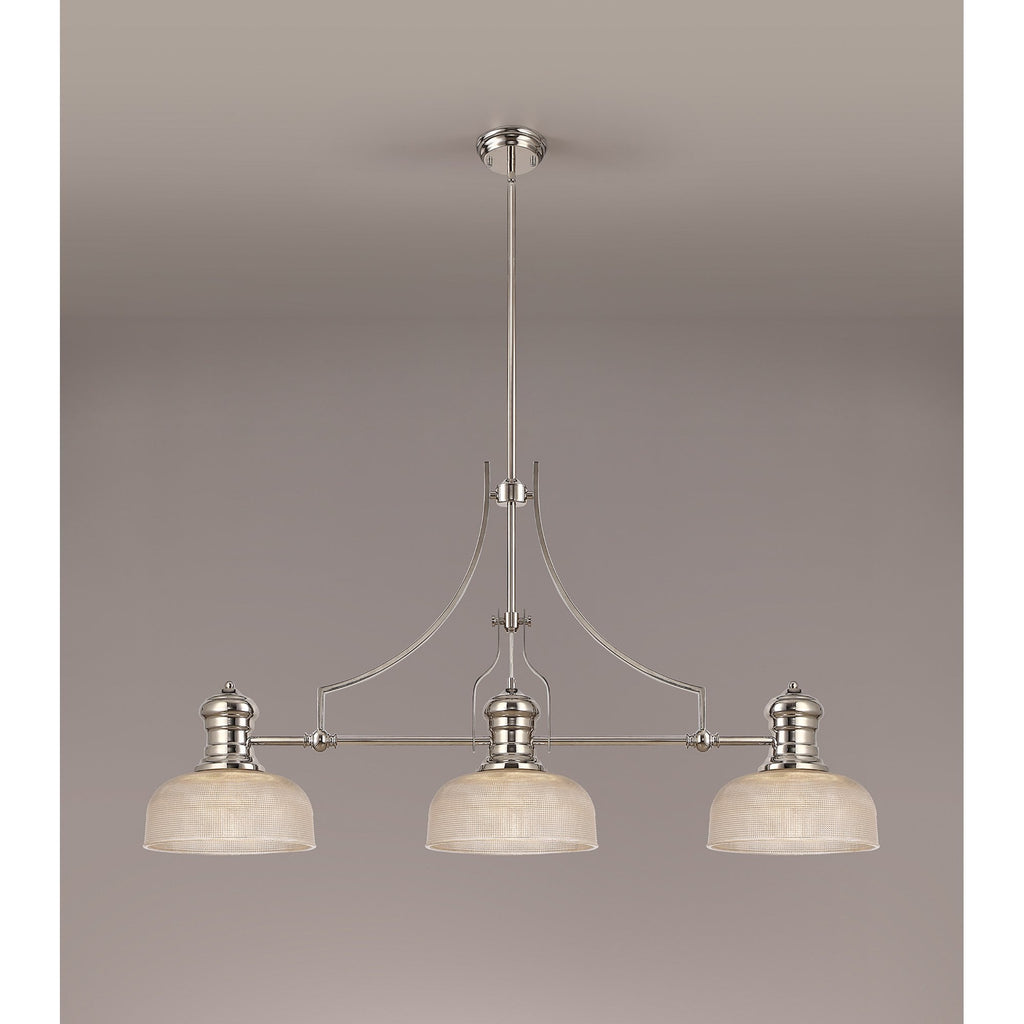 NLK03739 Louis 3 Light Telescopic Pendant With 26.5cm Prismatic Glass Shade Polished Nickel/Clear