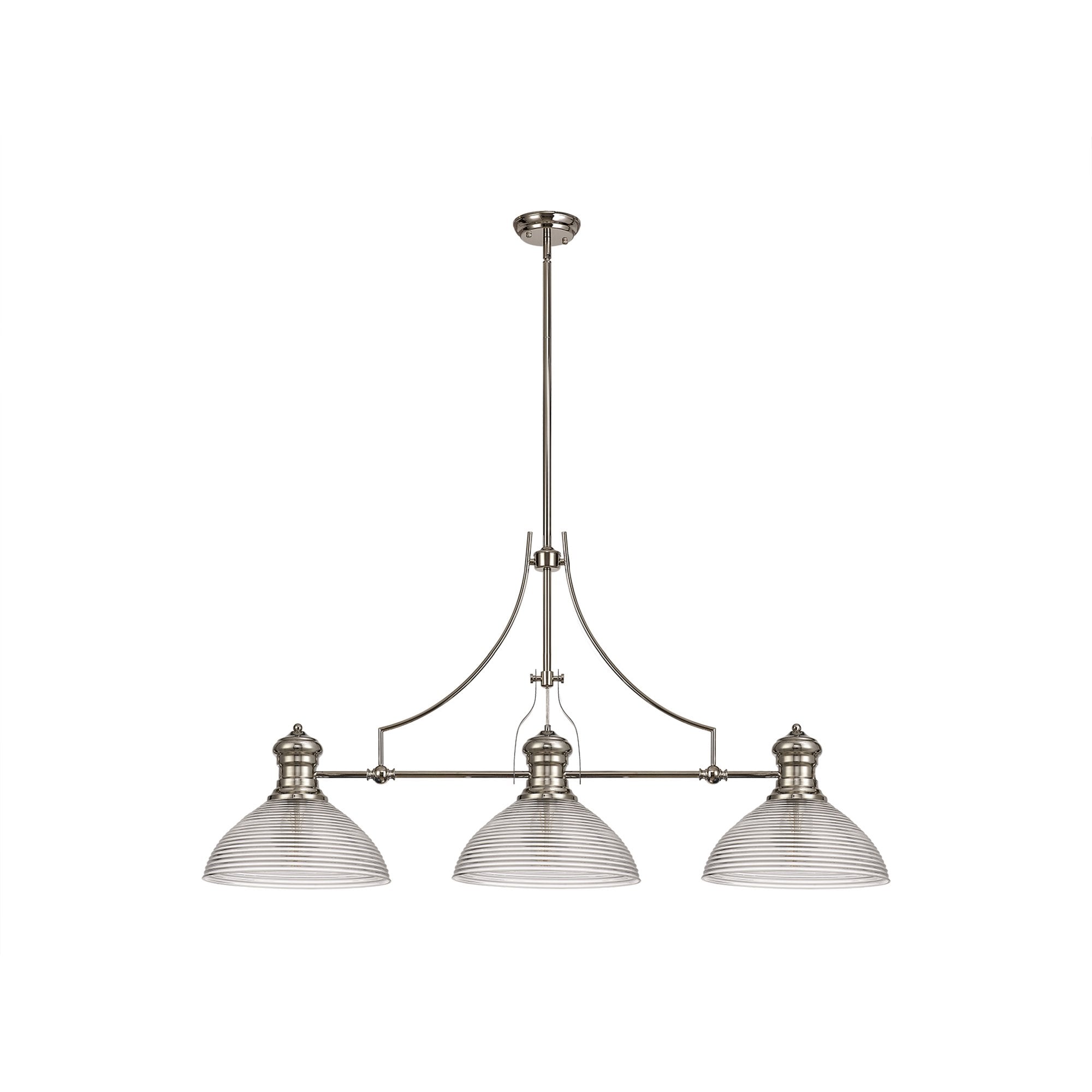 NLK03749 Louis 3 Light Telescopic Pendant With 33.5cm Prismatic Glass Shade Polished Nickel/Clear