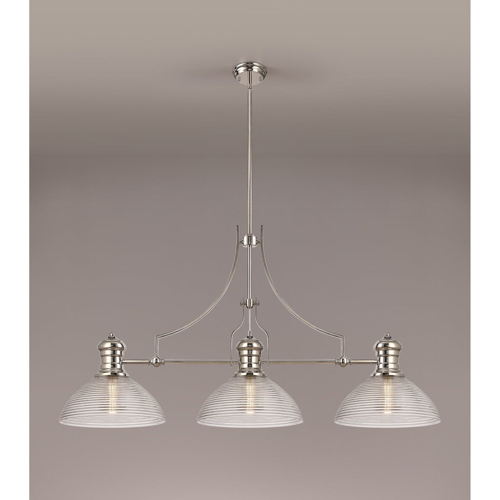 NLK03749 Louis 3 Light Telescopic Pendant With 33.5cm Prismatic Glass Shade Polished Nickel/Clear