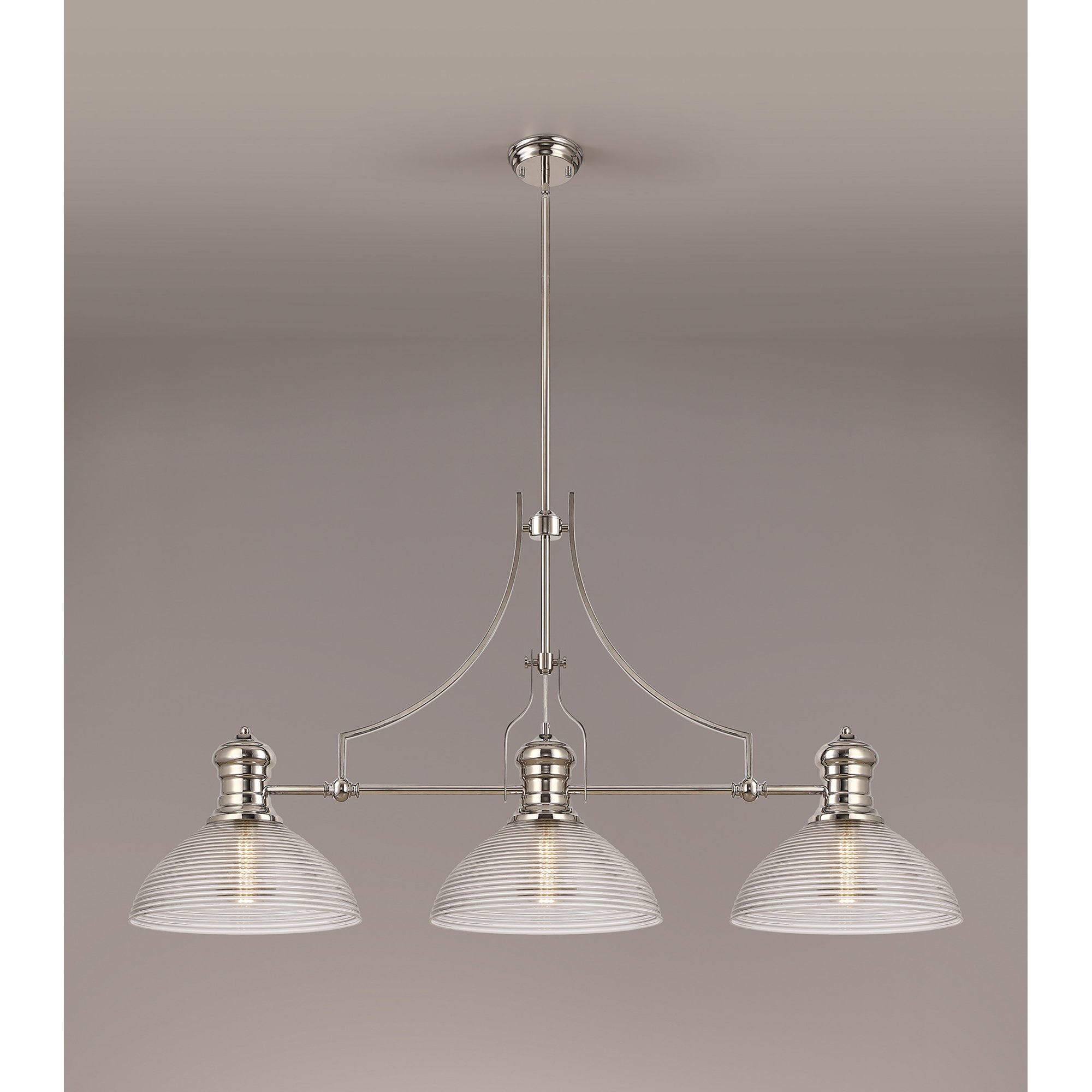 NLK03749 Louis 3 Light Telescopic Pendant With 33.5cm Prismatic Glass Shade Polished Nickel/Clear