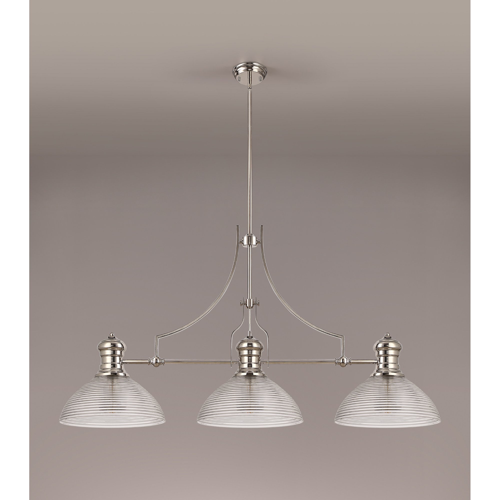 NLK03749 Louis 3 Light Telescopic Pendant With 33.5cm Prismatic Glass Shade Polished Nickel/Clear