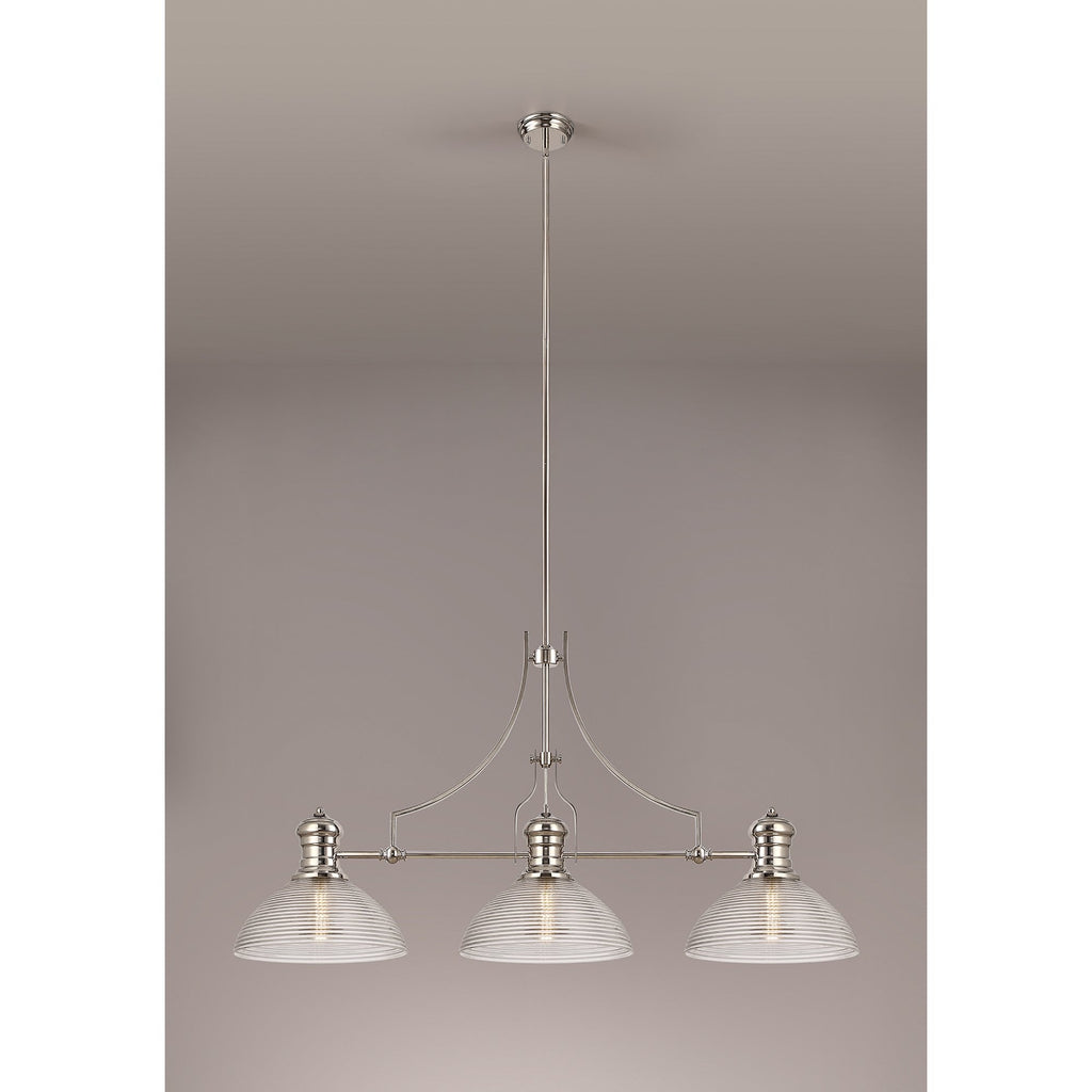 NLK03749 Louis 3 Light Telescopic Pendant With 33.5cm Prismatic Glass Shade Polished Nickel/Clear