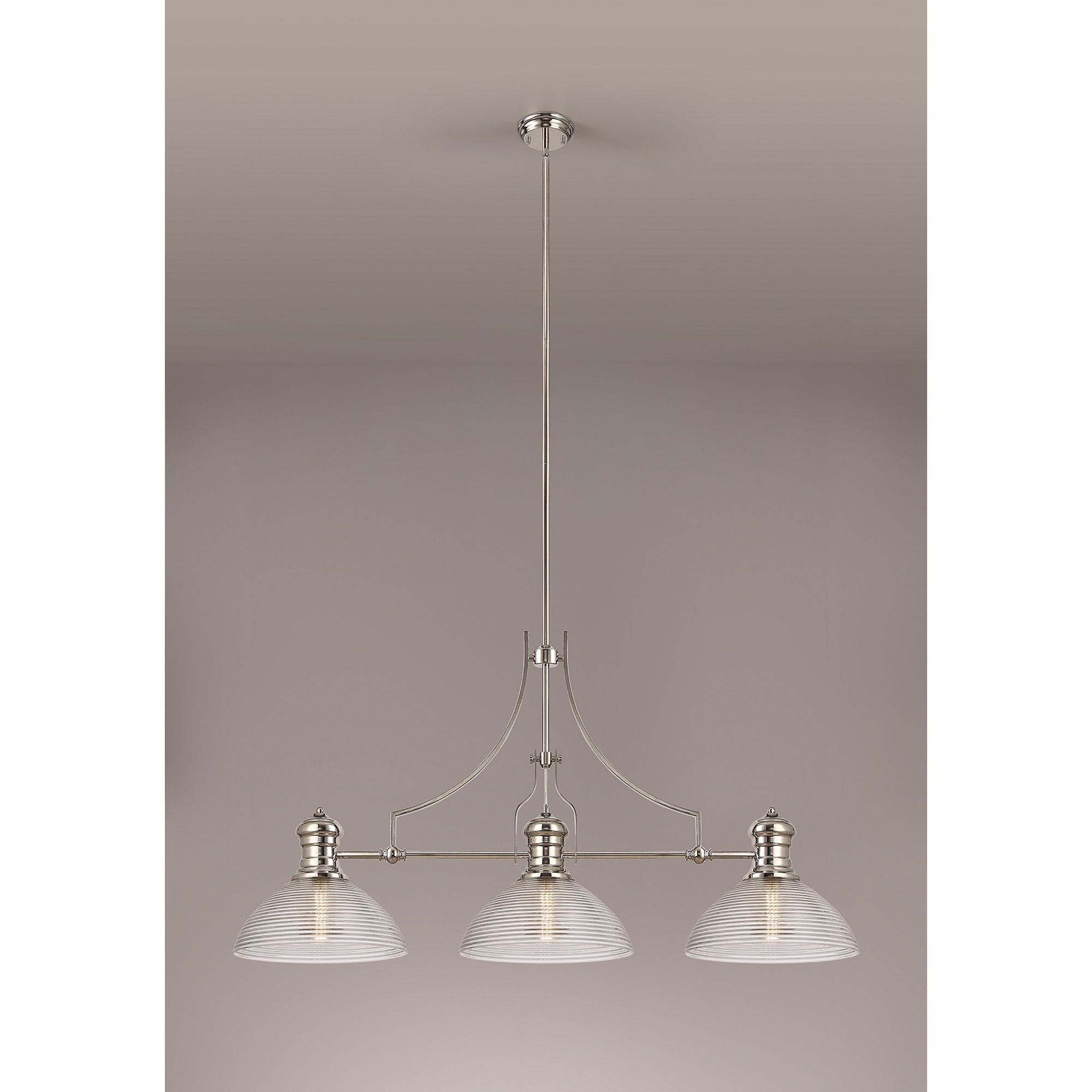 NLK03749 Louis 3 Light Telescopic Pendant With 33.5cm Prismatic Glass Shade Polished Nickel/Clear