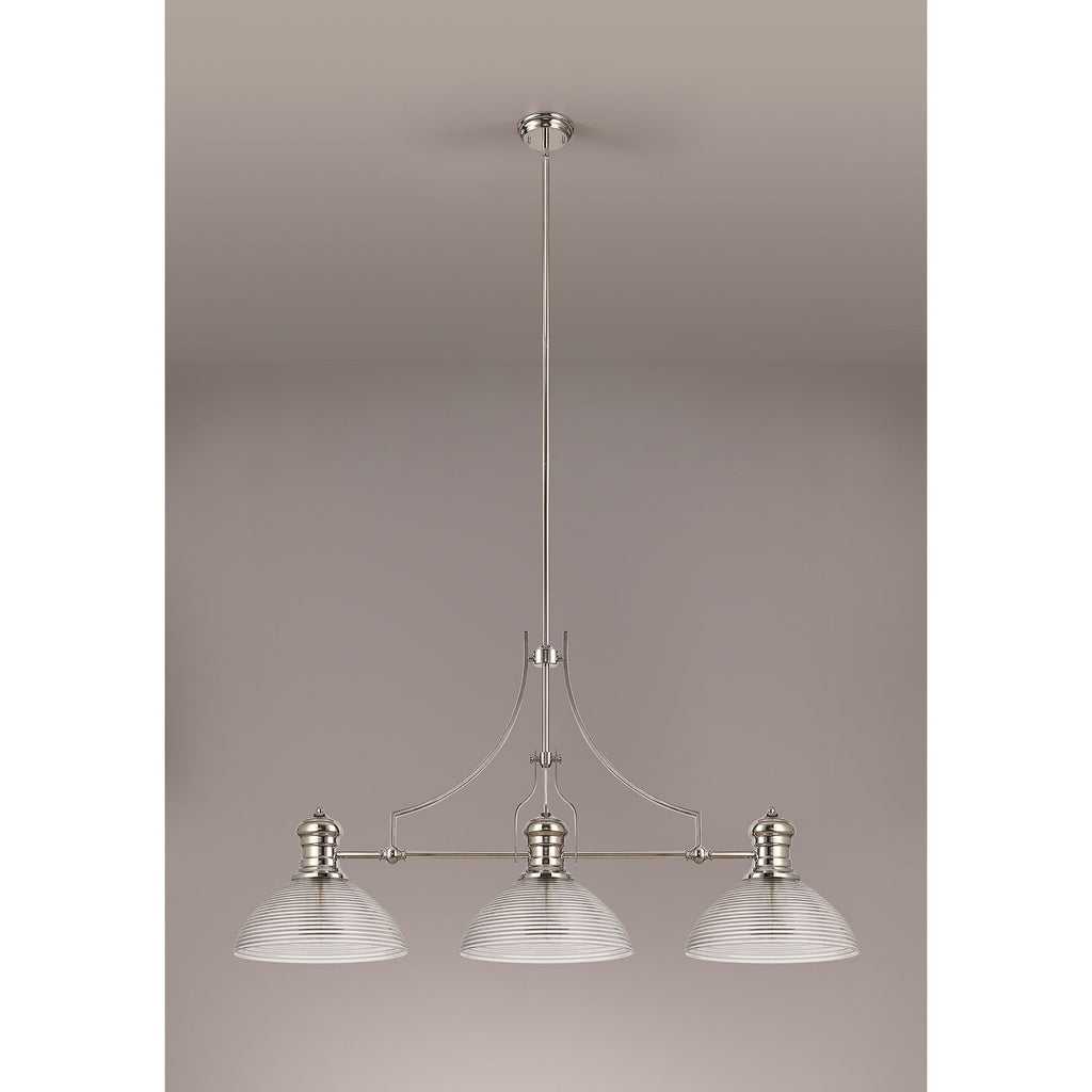NLK03749 Louis 3 Light Telescopic Pendant With 33.5cm Prismatic Glass Shade Polished Nickel/Clear