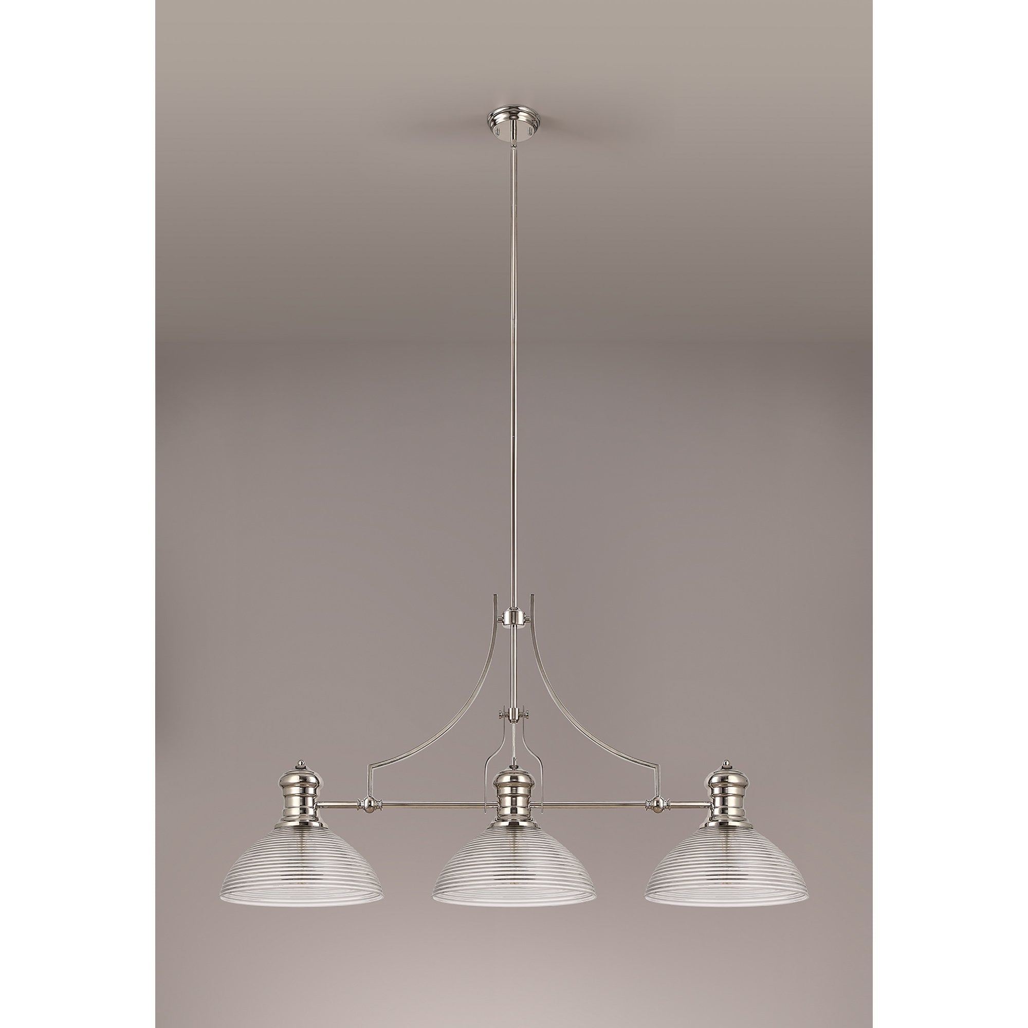 NLK03749 Louis 3 Light Telescopic Pendant With 33.5cm Prismatic Glass Shade Polished Nickel/Clear