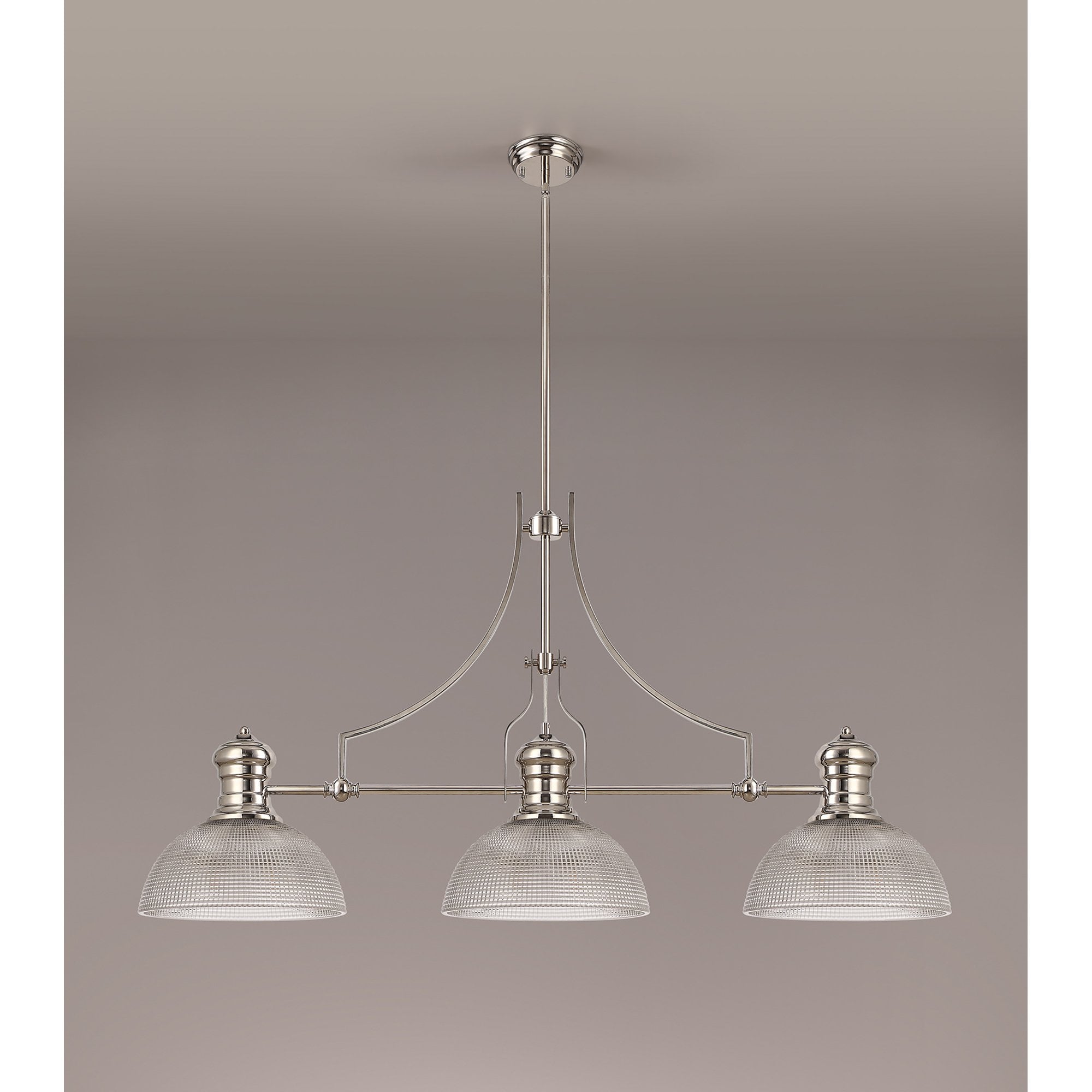NLK03759 Louis 3 Light Telescopic Pendant With 30cm Prismatic Glass Shade Polished Nickel/Clear