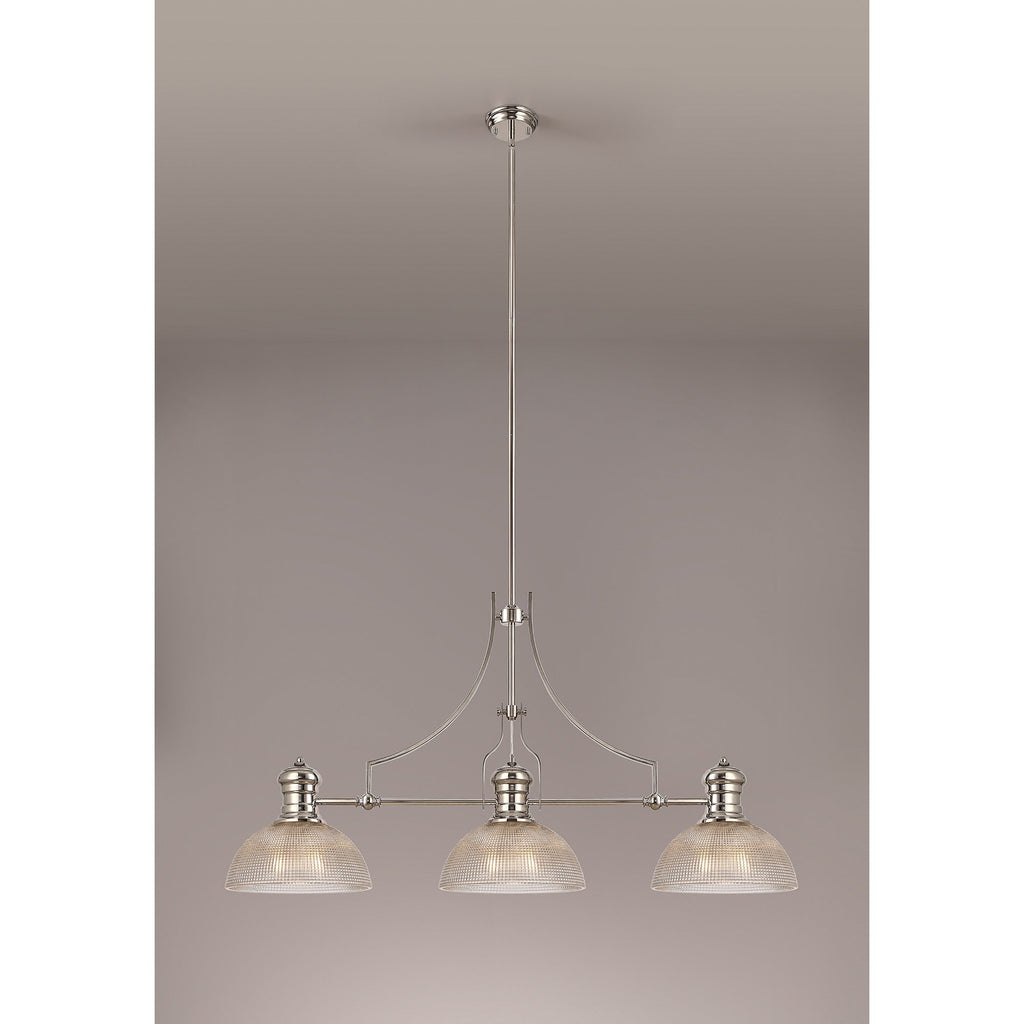 NLK03759 Louis 3 Light Telescopic Pendant With 30cm Prismatic Glass Shade Polished Nickel/Clear