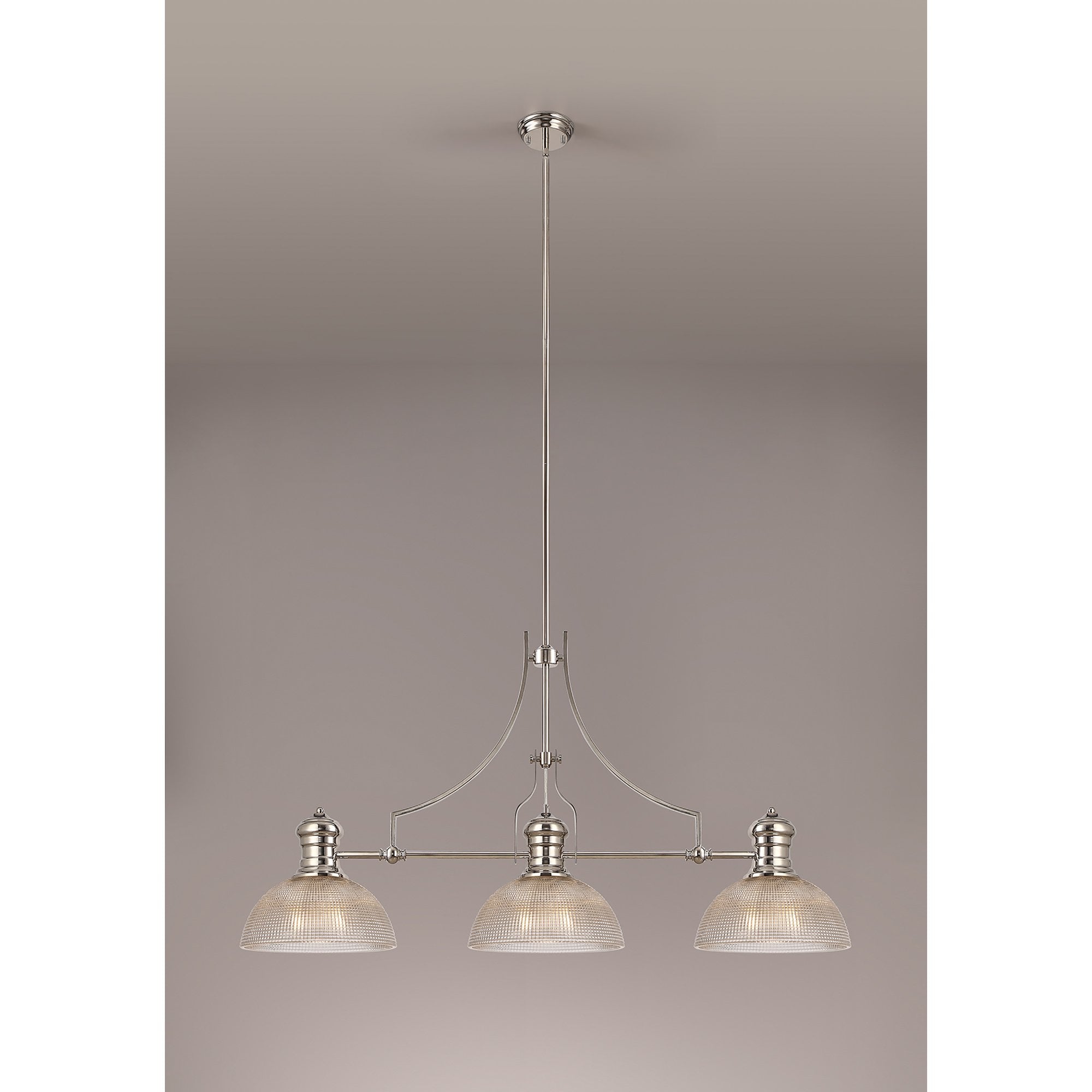 NLK03759 Louis 3 Light Telescopic Pendant With 30cm Prismatic Glass Shade Polished Nickel/Clear