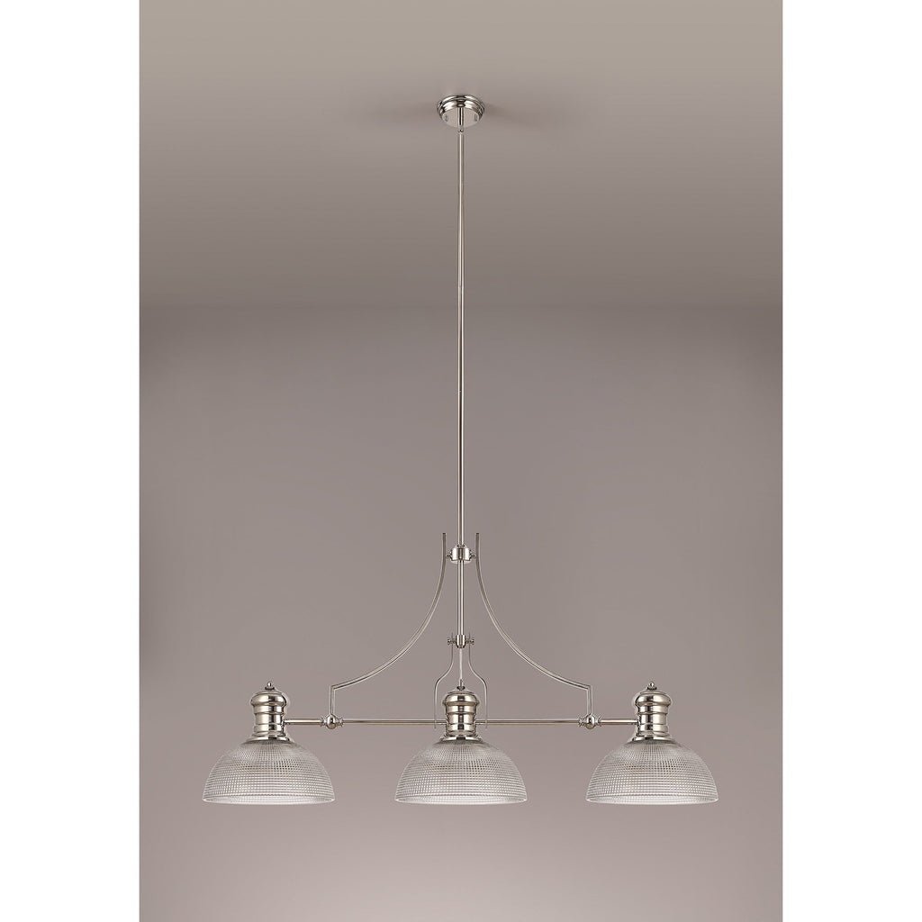 NLK03759 Louis 3 Light Telescopic Pendant With 30cm Prismatic Glass Shade Polished Nickel/Clear