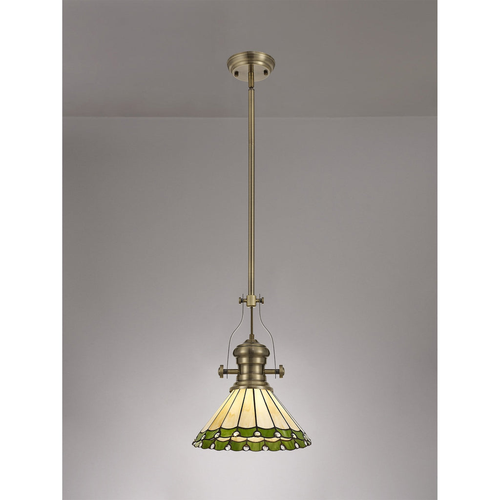 NLK04509 Louis/Umbrian 1 Light Telescopic Pendant With 30cm Tiffany Shade Antique Brass/Green/Chrome/Crystal