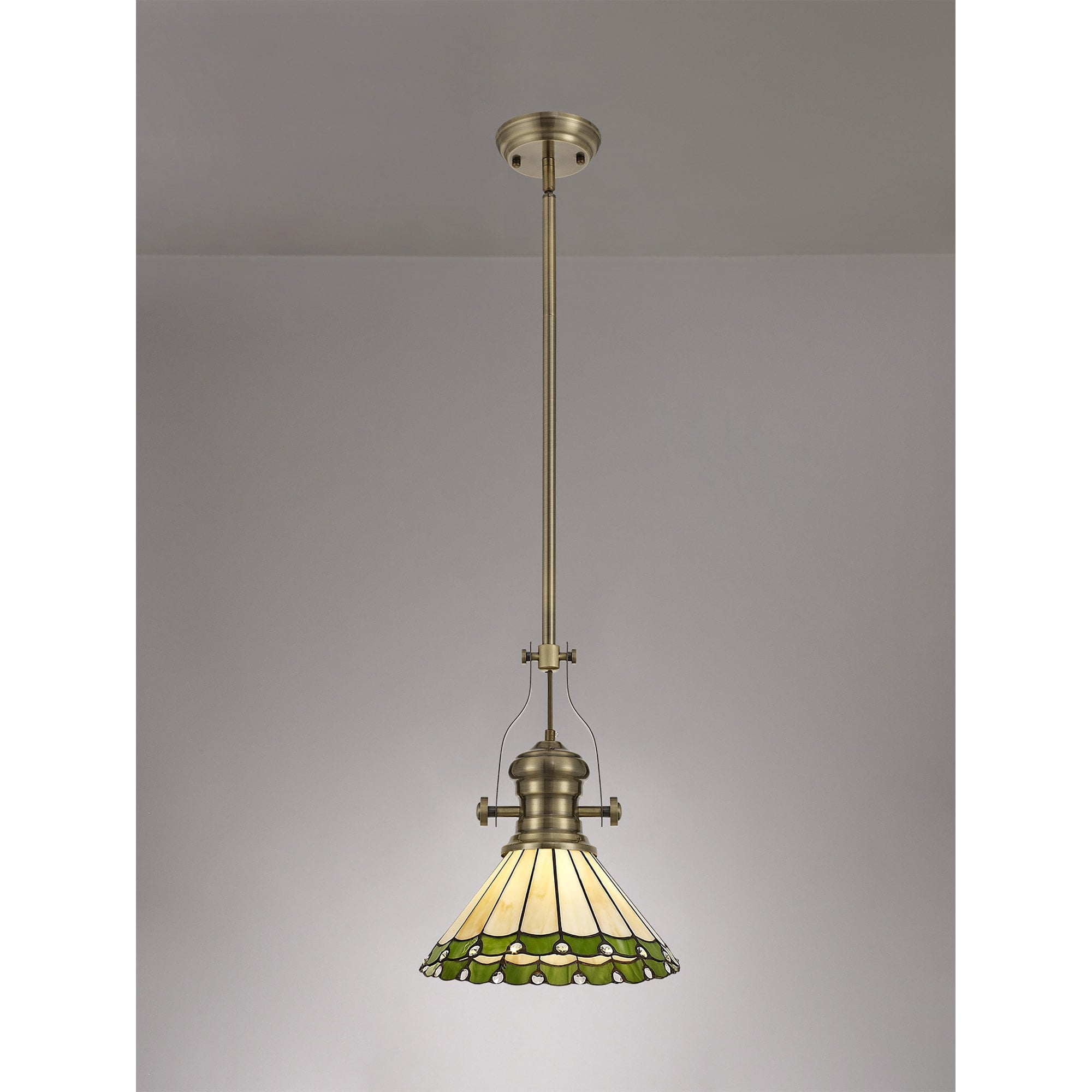 NLK04509 Louis/Umbrian 1 Light Telescopic Pendant With 30cm Tiffany Shade Antique Brass/Green/Chrome/Crystal