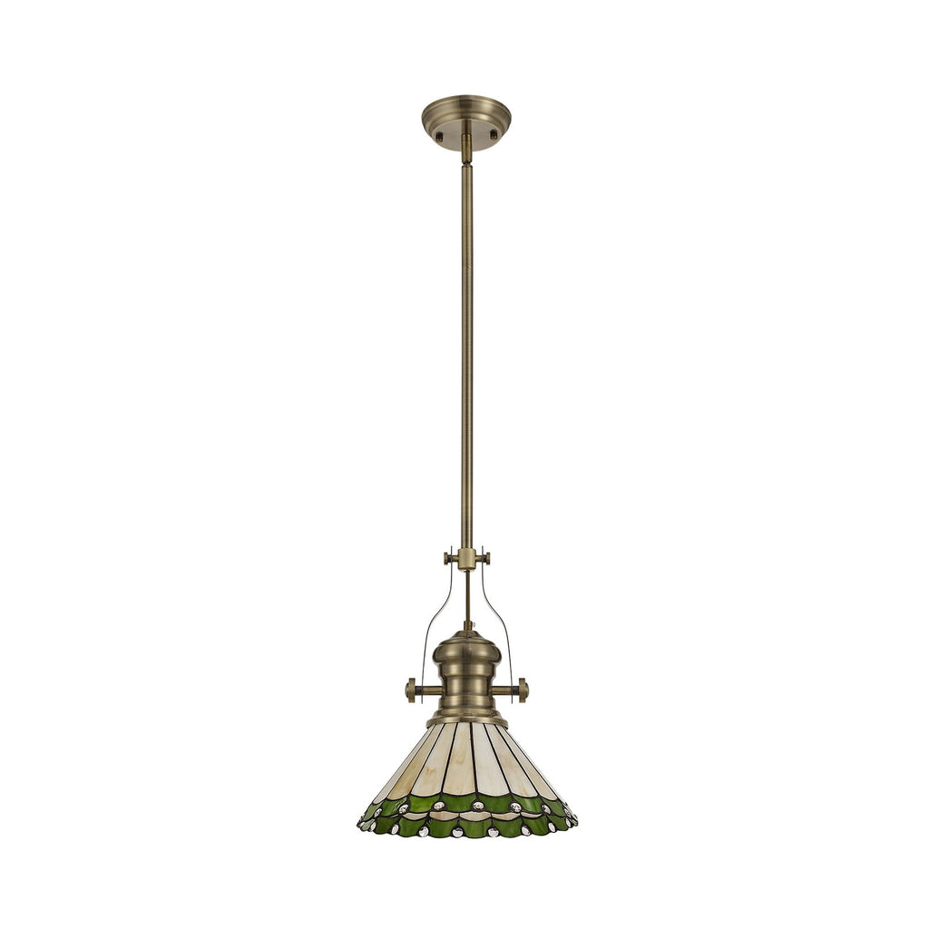 NLK04509 Louis/Umbrian 1 Light Telescopic Pendant With 30cm Tiffany Shade Antique Brass/Green/Chrome/Crystal