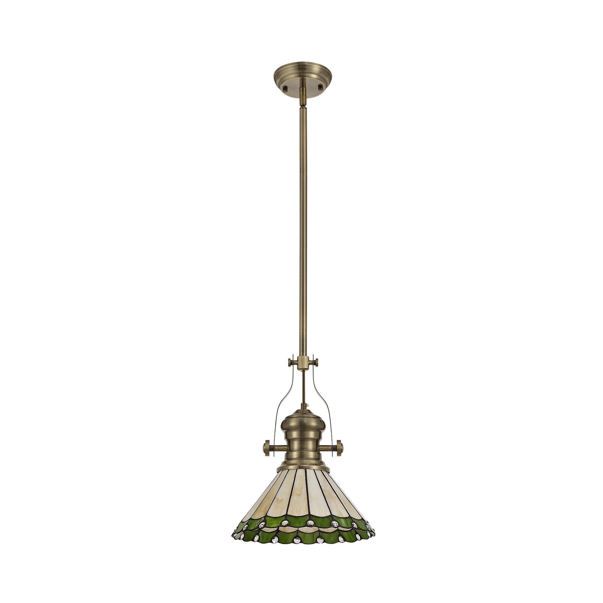 NLK04509 Louis/Umbrian 1 Light Telescopic Pendant With 30cm Tiffany Shade Antique Brass/Green/Chrome/Crystal