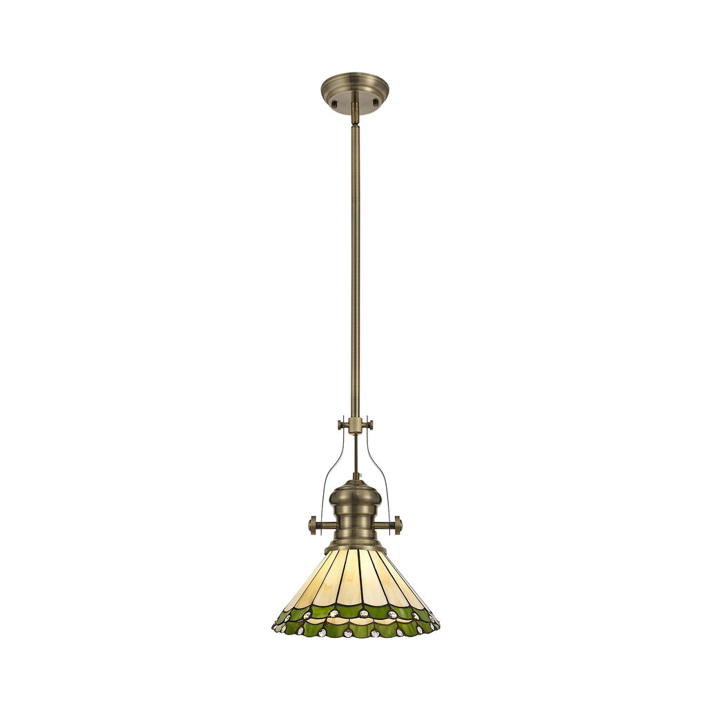 NLK04509 Louis/Umbrian 1 Light Telescopic Pendant With 30cm Tiffany Shade Antique Brass/Green/Chrome/Crystal