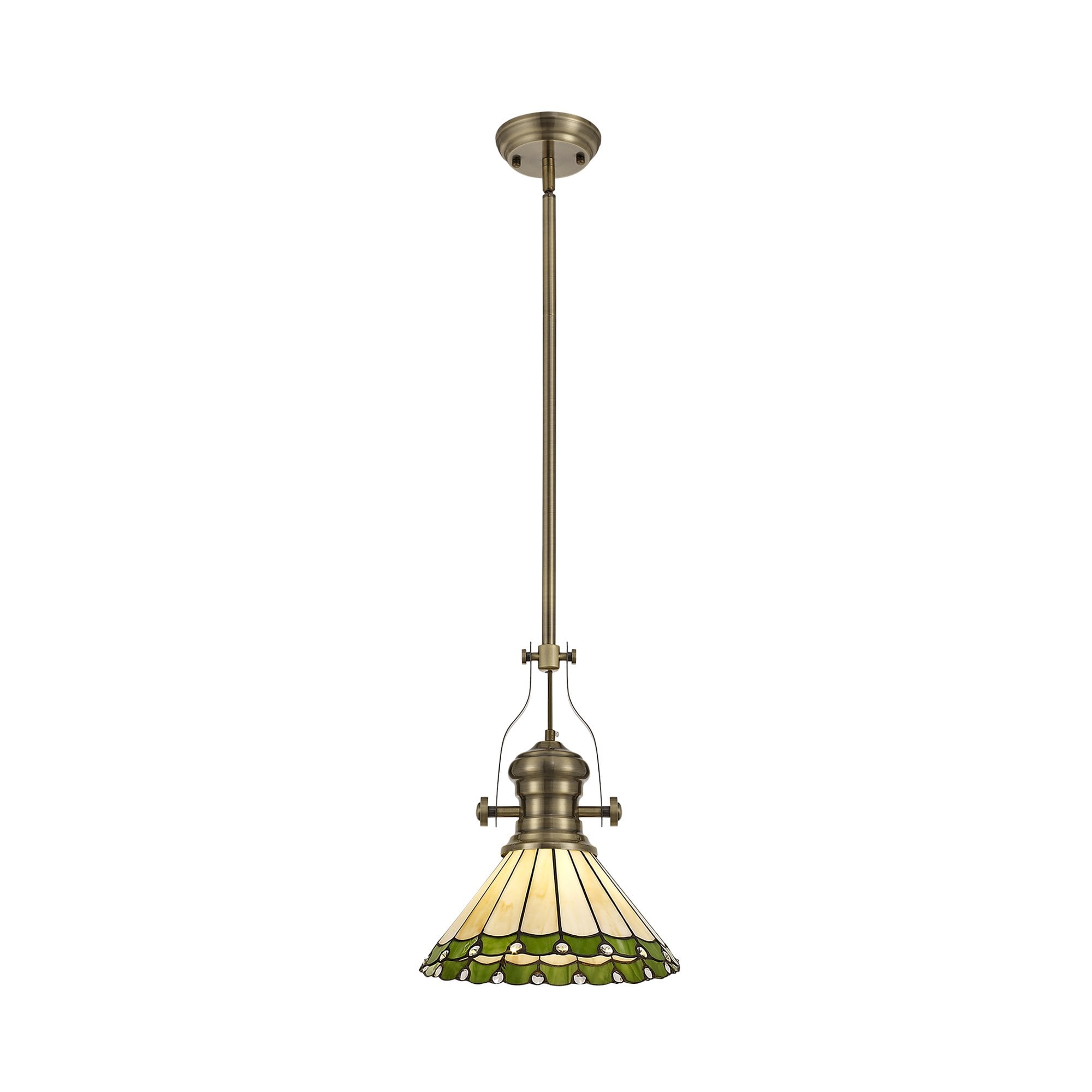 NLK04509 Louis/Umbrian 1 Light Telescopic Pendant With 30cm Tiffany Shade Antique Brass/Green/Chrome/Crystal