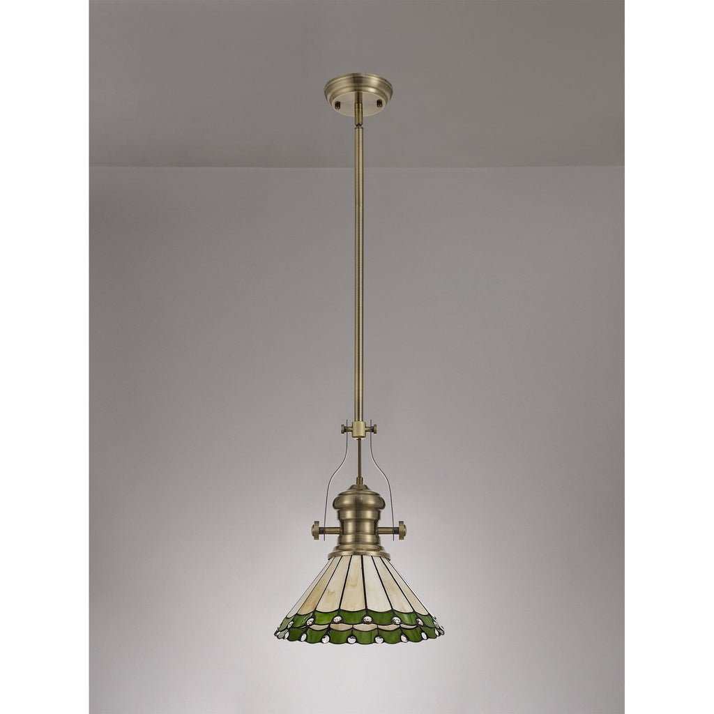NLK04509 Louis/Umbrian 1 Light Telescopic Pendant With 30cm Tiffany Shade Antique Brass/Green/Chrome/Crystal
