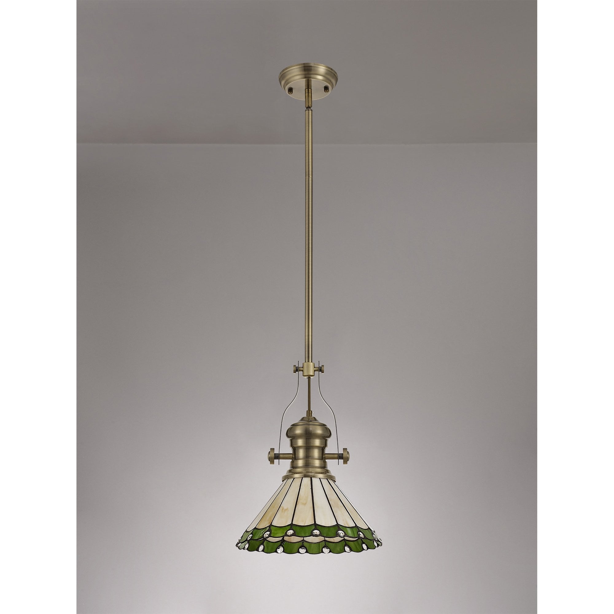 NLK04509 Louis/Umbrian 1 Light Telescopic Pendant With 30cm Tiffany Shade Antique Brass/Green/Chrome/Crystal
