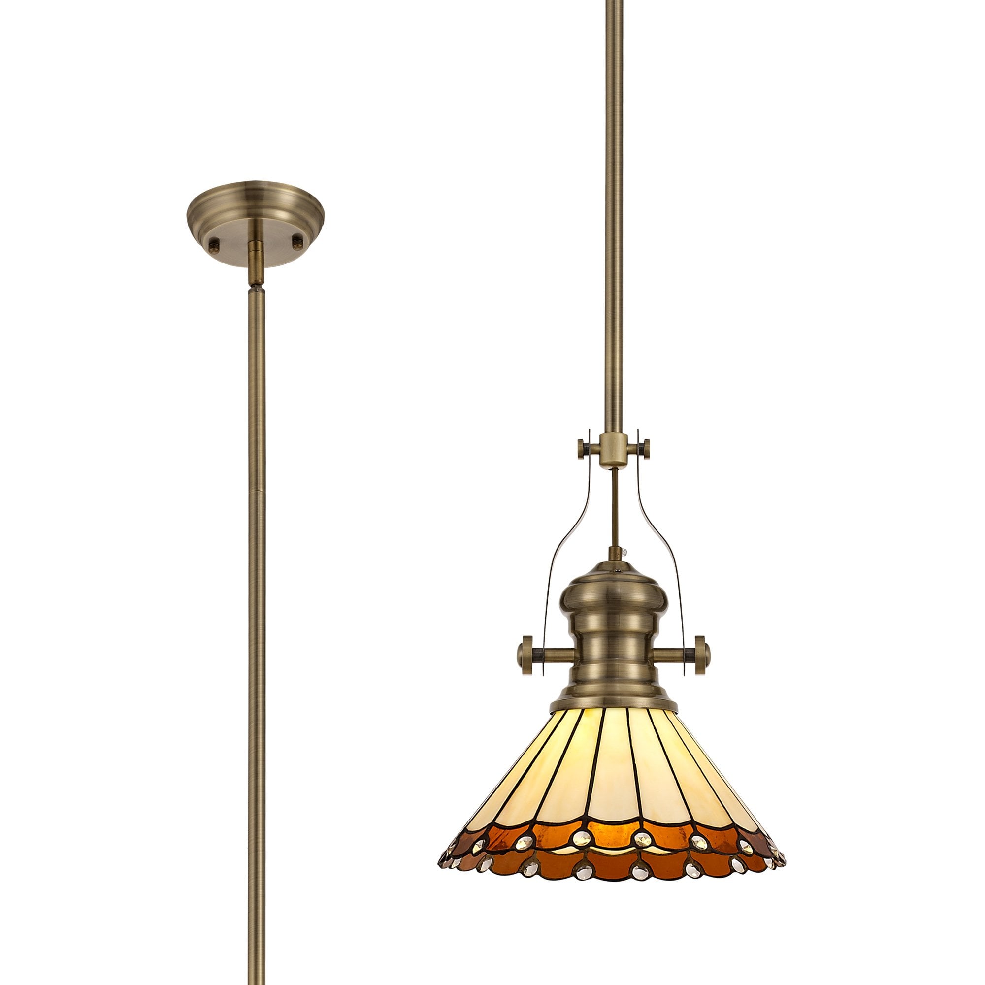 NLK04519 Louis/Umbrian 1 Light Telescopic Pendant With 30cm Tiffany Shade Antique Brass/Amber/Chrome/Crystal