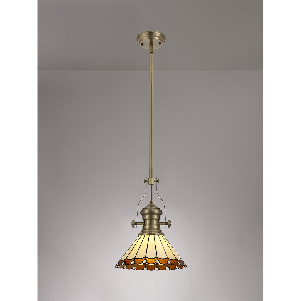 NLK04519 Louis/Umbrian 1 Light Telescopic Pendant With 30cm Tiffany Shade Antique Brass/Amber/Chrome/Crystal