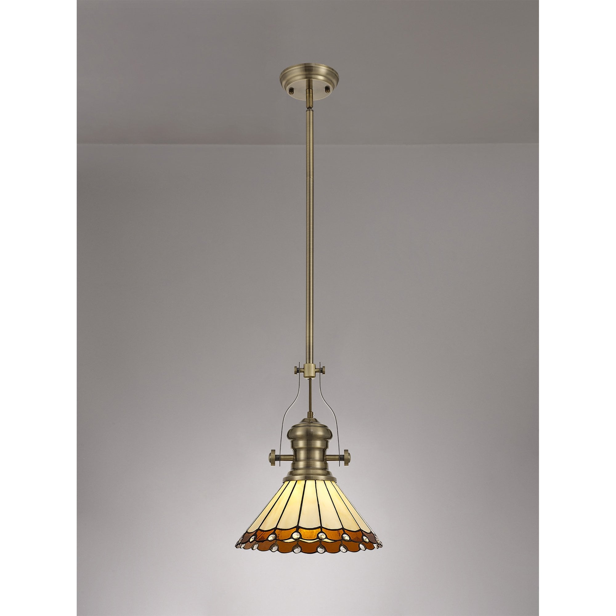 NLK04519 Louis/Umbrian 1 Light Telescopic Pendant With 30cm Tiffany Shade Antique Brass/Amber/Chrome/Crystal