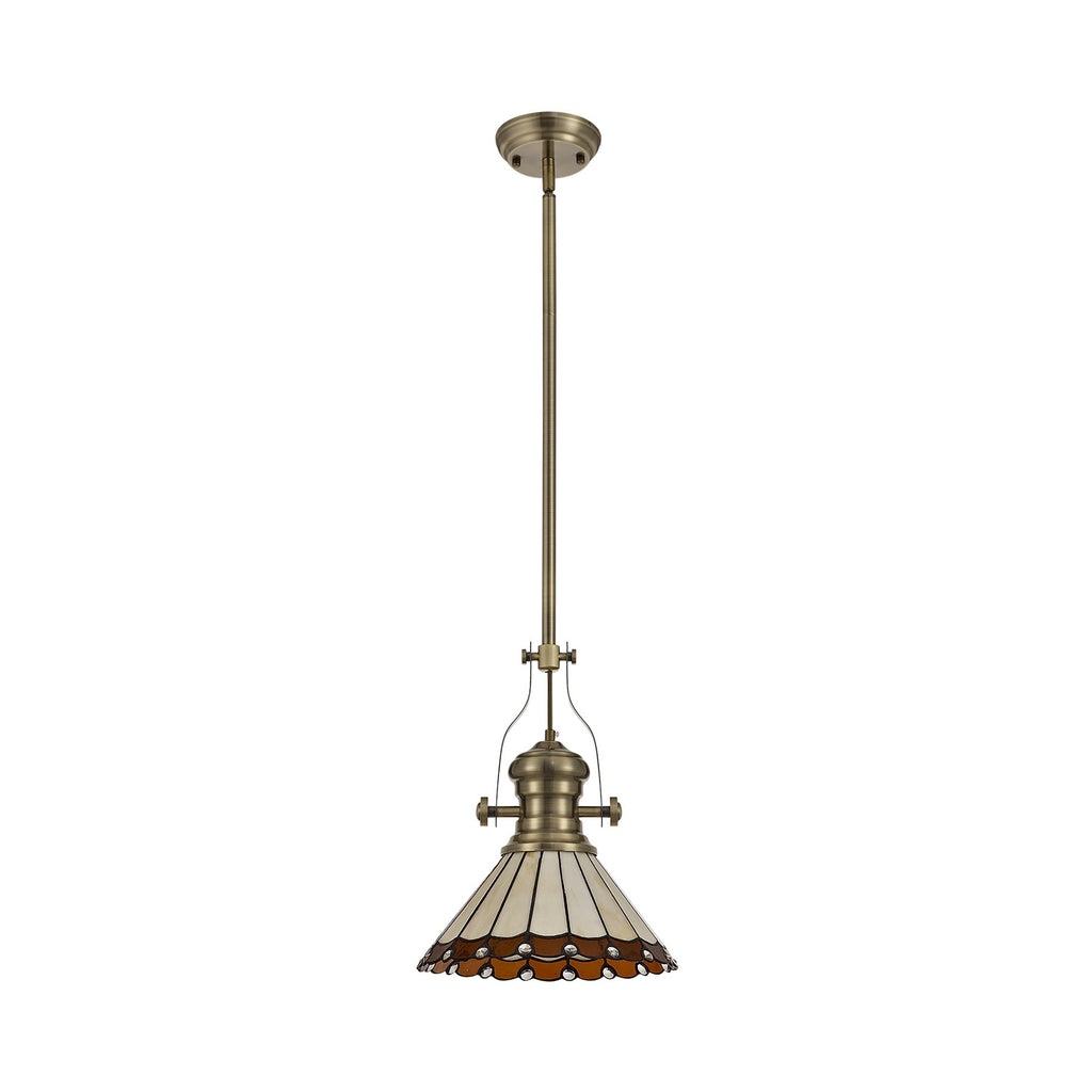 NLK04519 Louis/Umbrian 1 Light Telescopic Pendant With 30cm Tiffany Shade Antique Brass/Amber/Chrome/Crystal