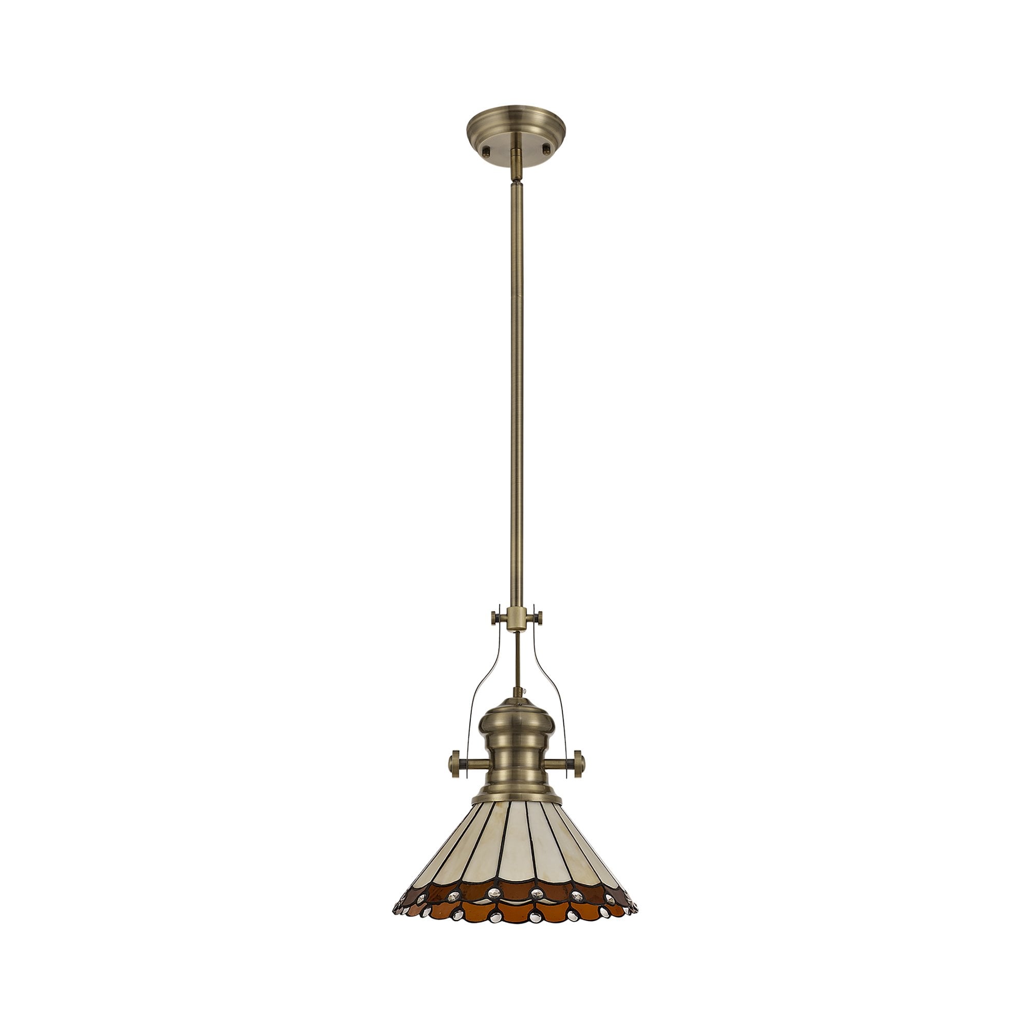 NLK04519 Louis/Umbrian 1 Light Telescopic Pendant With 30cm Tiffany Shade Antique Brass/Amber/Chrome/Crystal